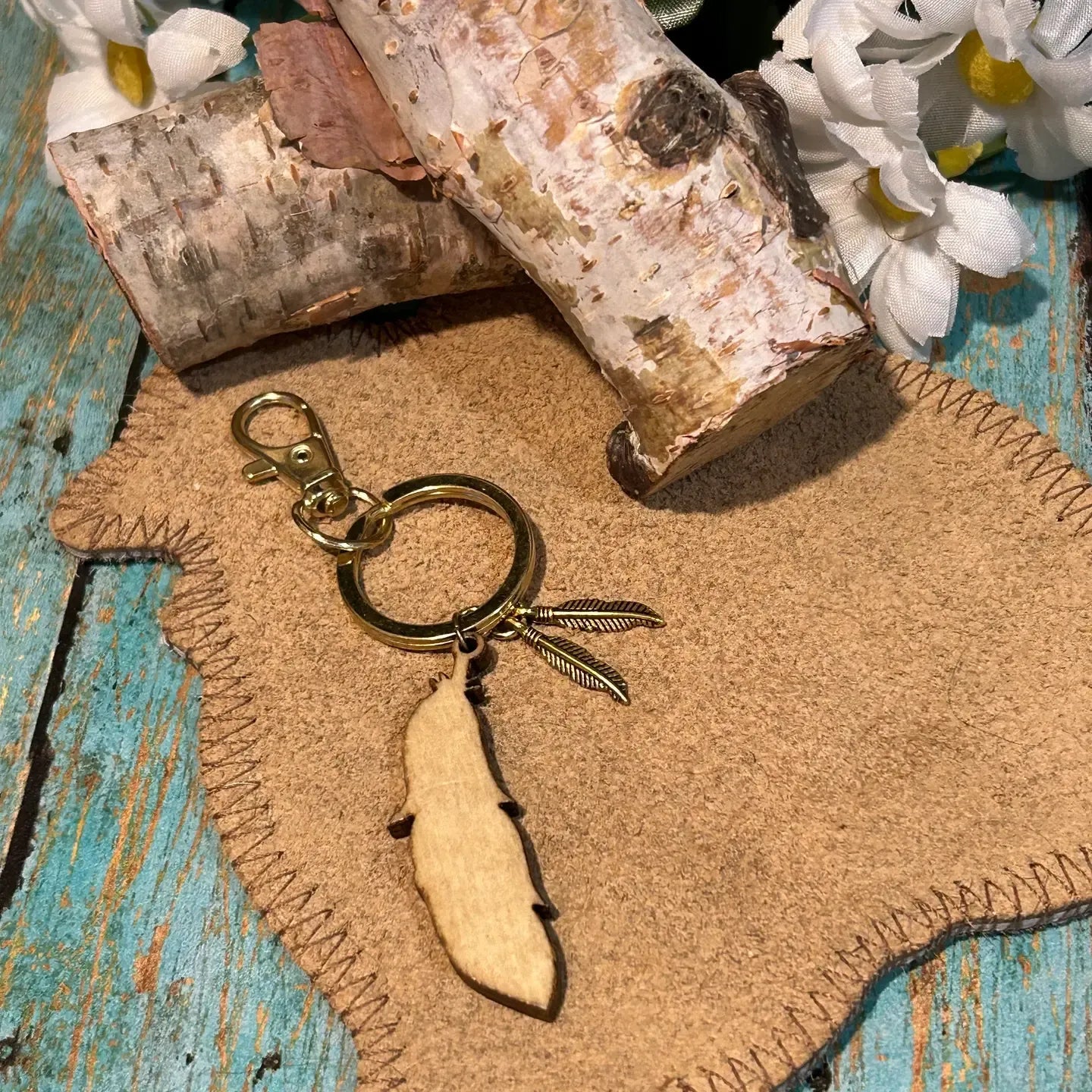 Western Wood Feather Keychain