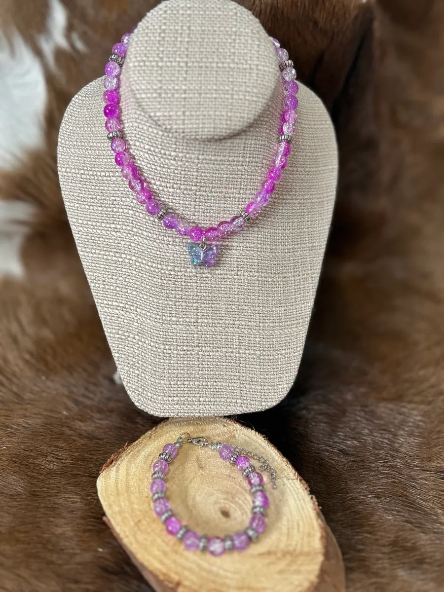 Young Girls Glass Beed Butterfly Necklace and Bracelet Set