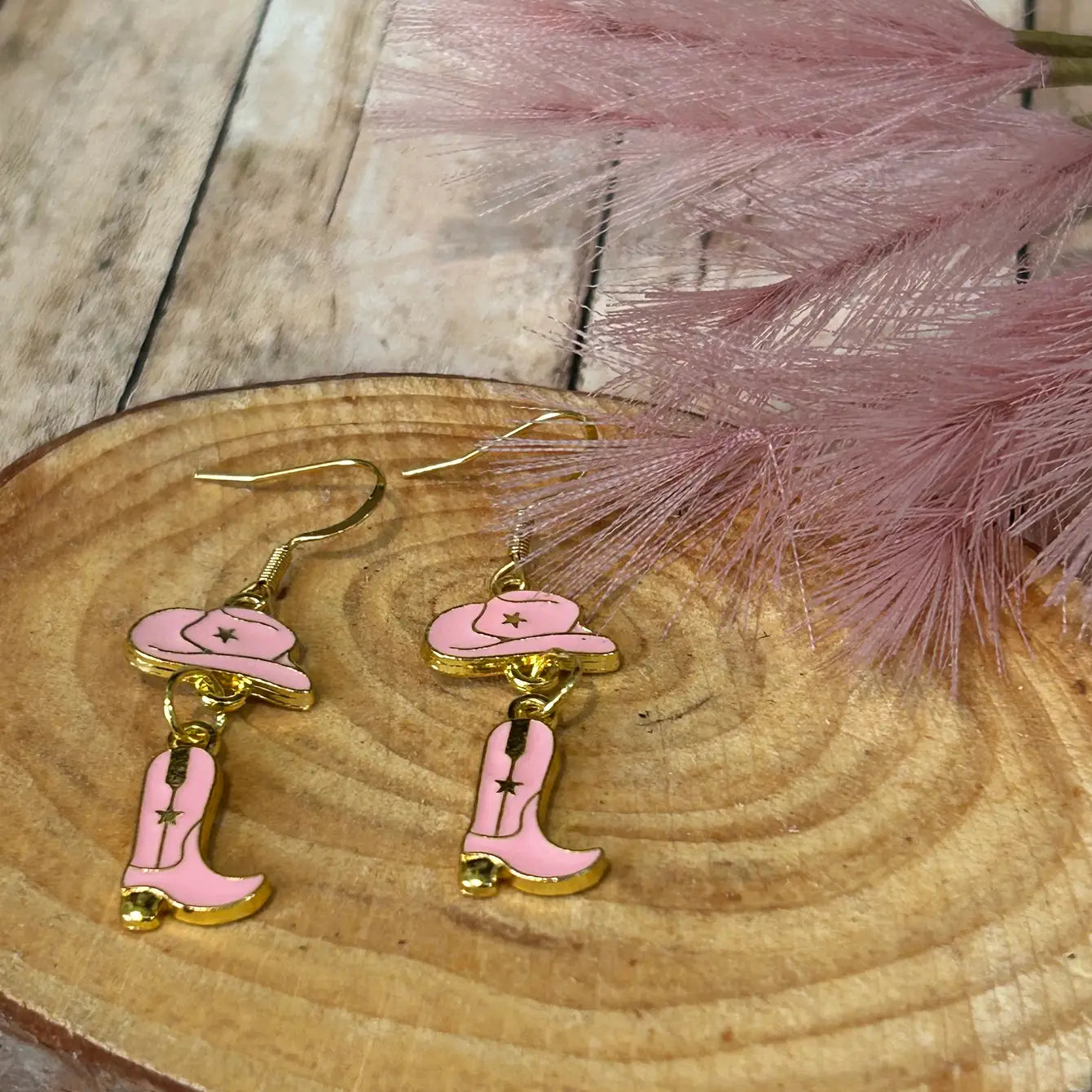 Cowgirl Western Pink Hat with Western Boot Earrings
