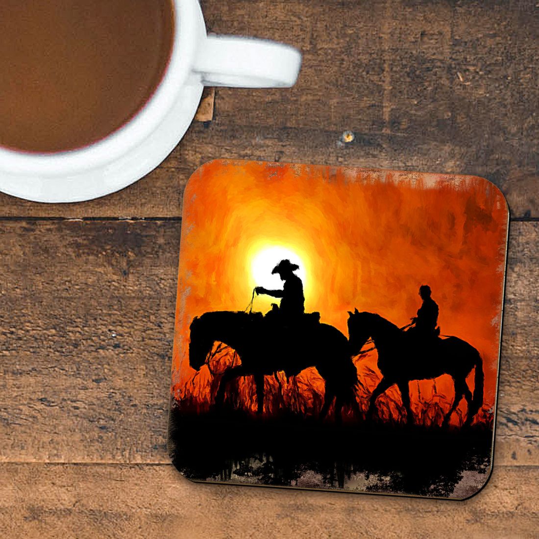 Cowboy Sunset Ride Wooden Cork Coasters Gift Set of 4 by Nature Wonders - Nature Wildlife Decor - 95230C-S4-4