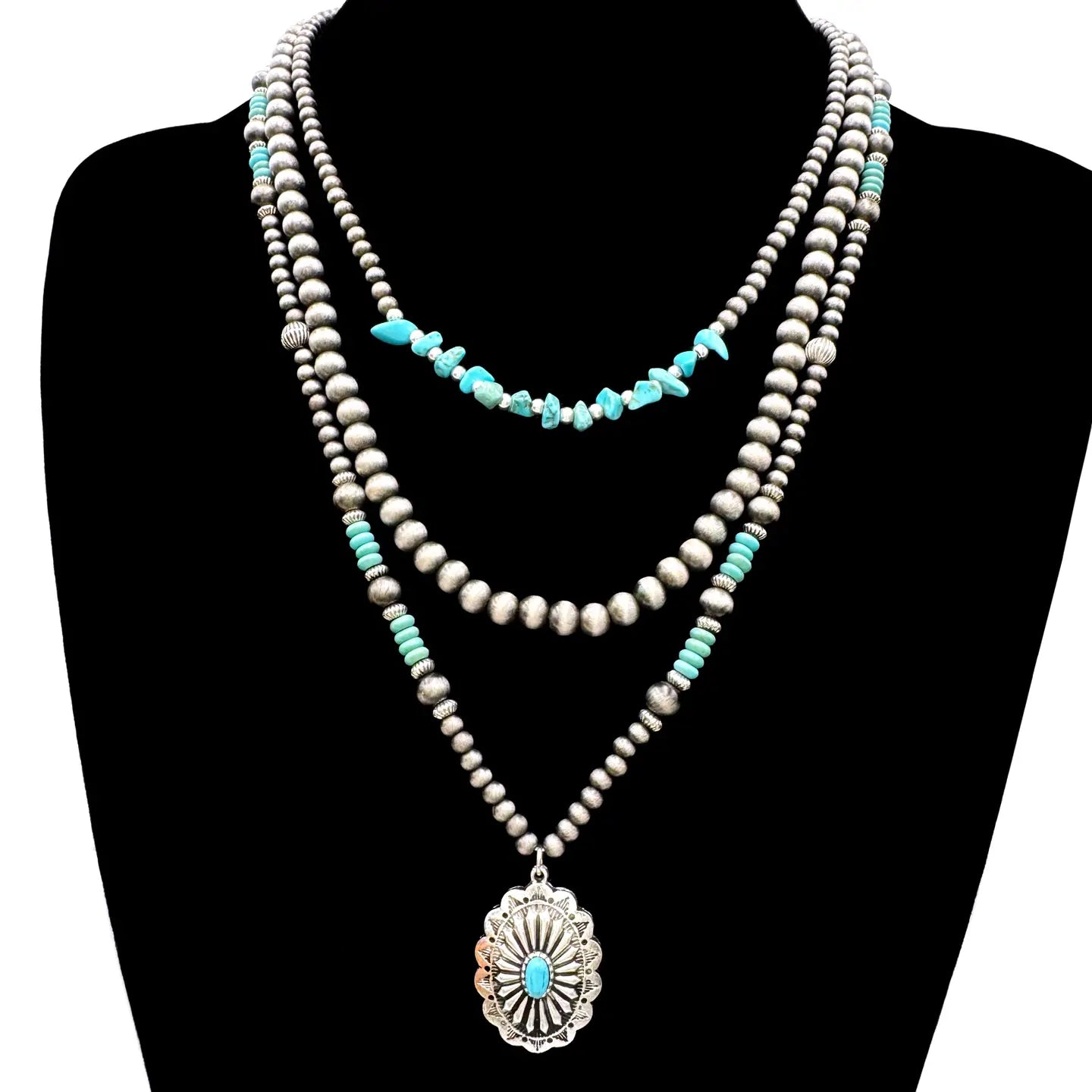 Concho Turquoise Navajo Beads Three Strand Necklace