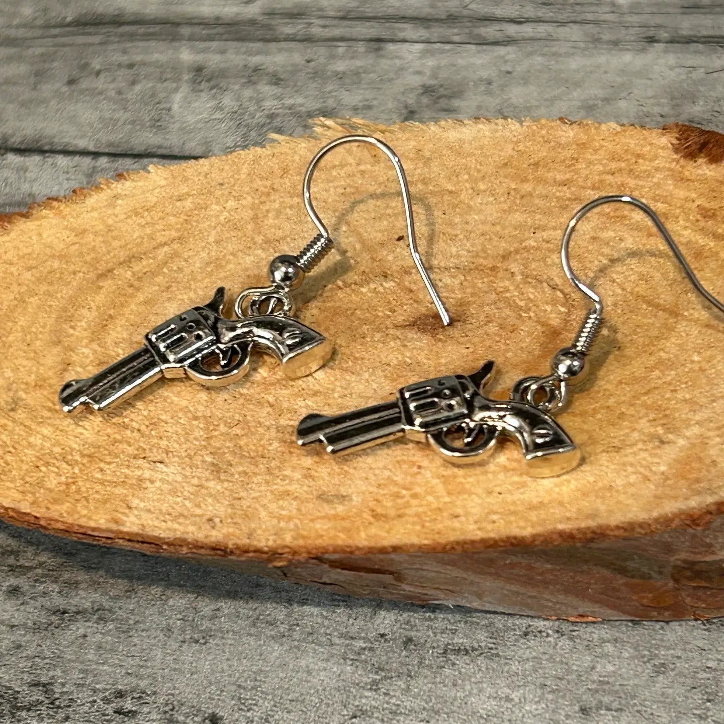 Revolver Silver Gun Dangle Earrings