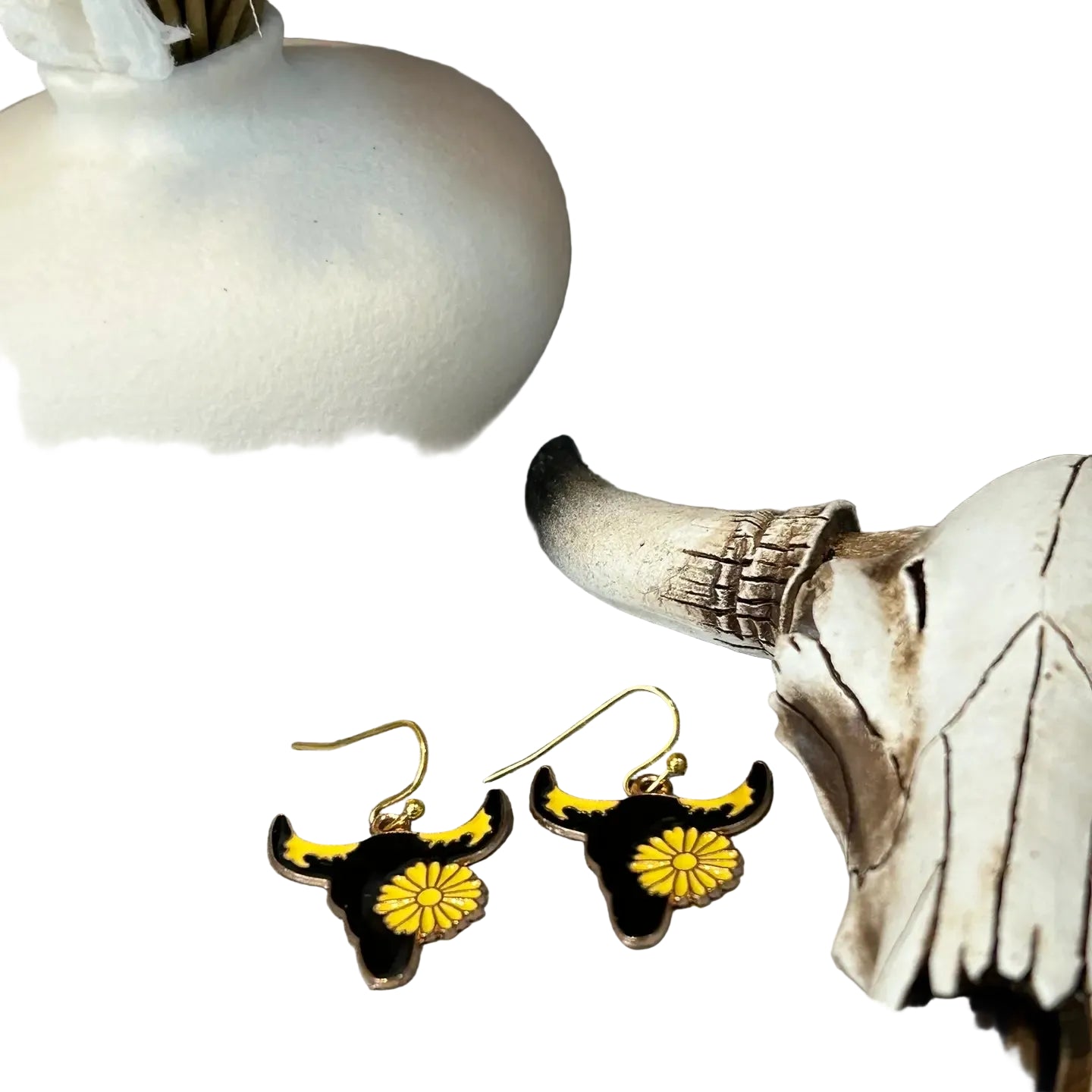Yellow Black Steer Head Earrings