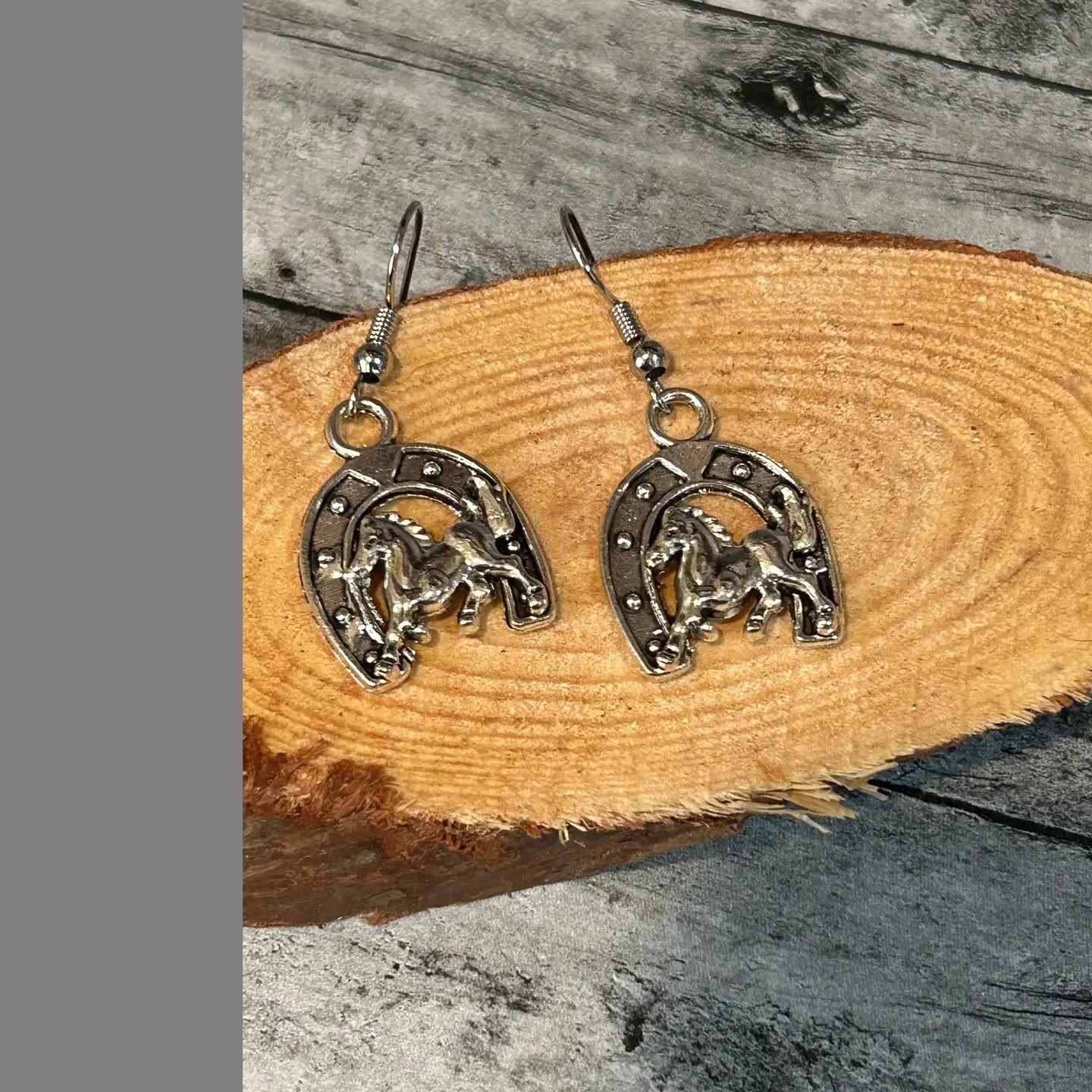 Western Horseshoe with Running Horse Earrings