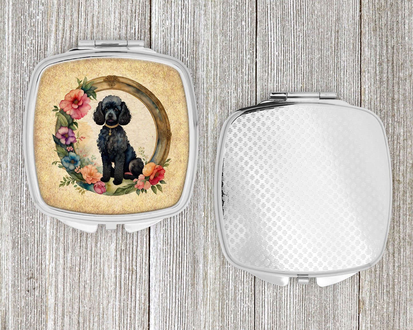 Black Poodle and Flowers Compact Mirror-3