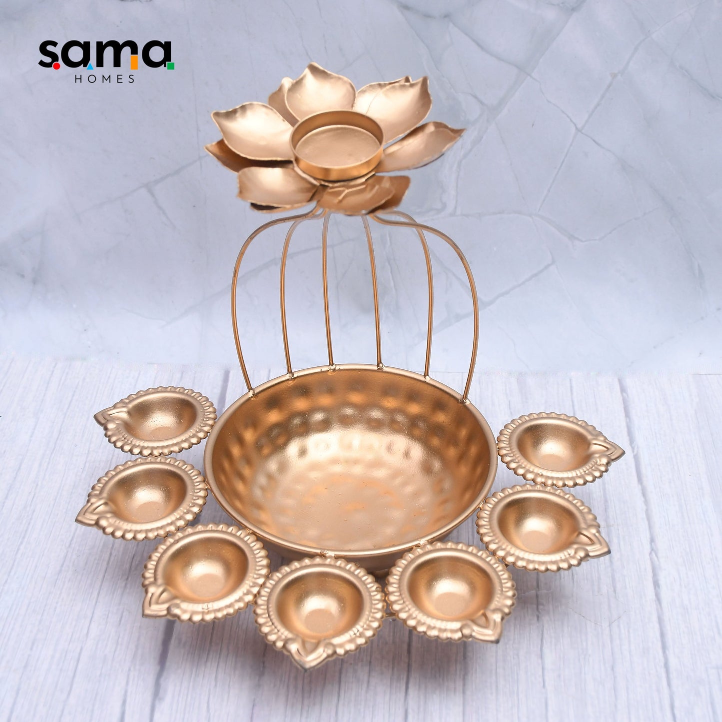 Exclusive Handmade Iron Urli Bowl and Metal Diya Set in Lotus Shape with Gold Powder Coating for Home Decor-1