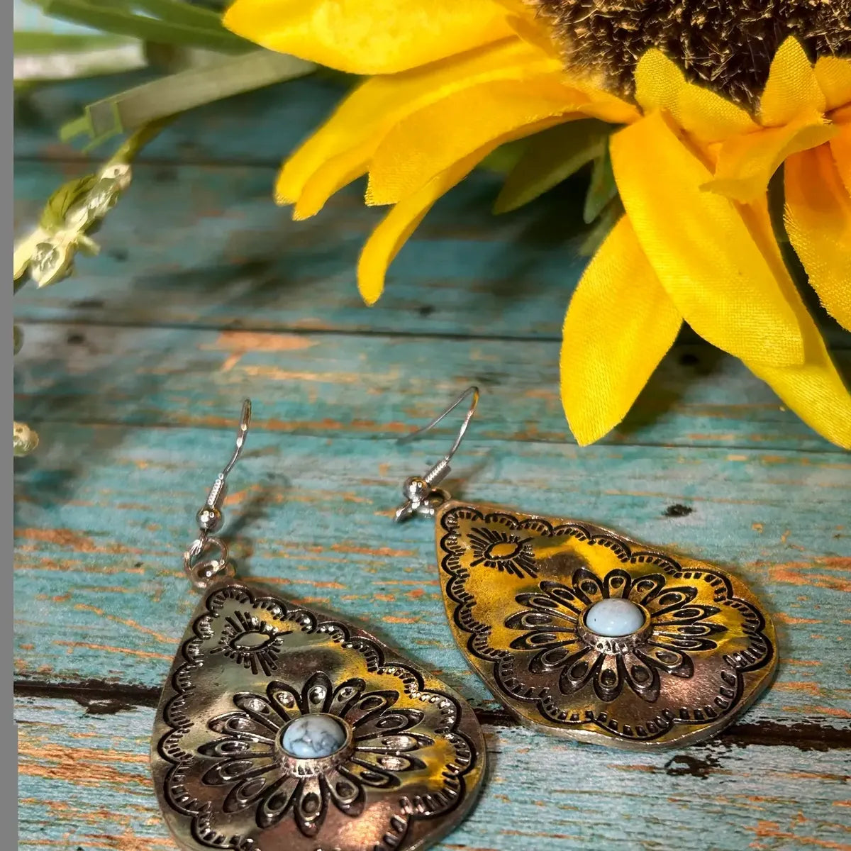 Stainless Steel Teardrop Southwestern Earrings Small Stone