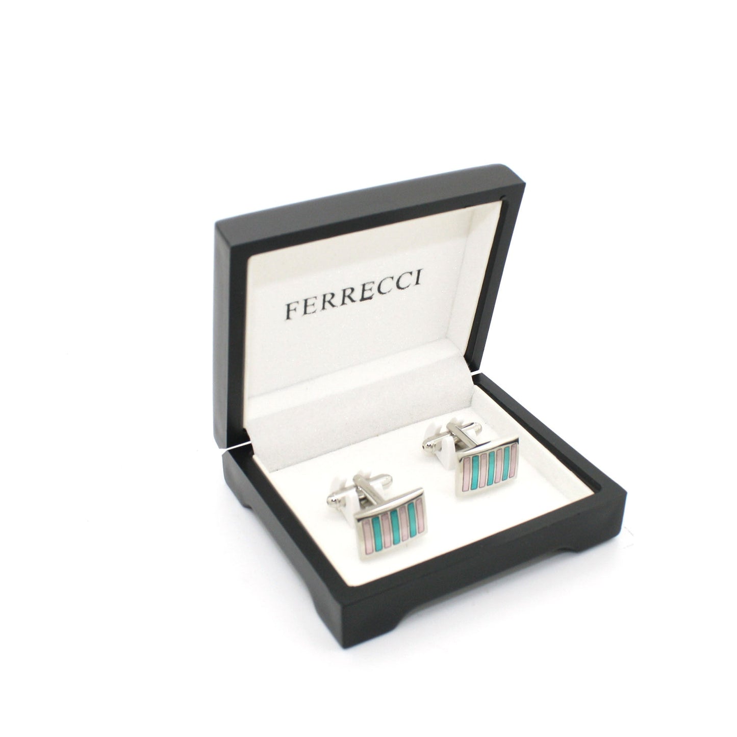 Silvertone Mint & Pink Stripe Cuff Links With Jewelry Box