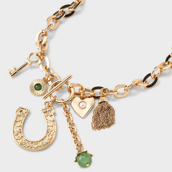 Gold Chain Western Necklace Horseshoe key Heart Bead Tiny Chains Western Charms