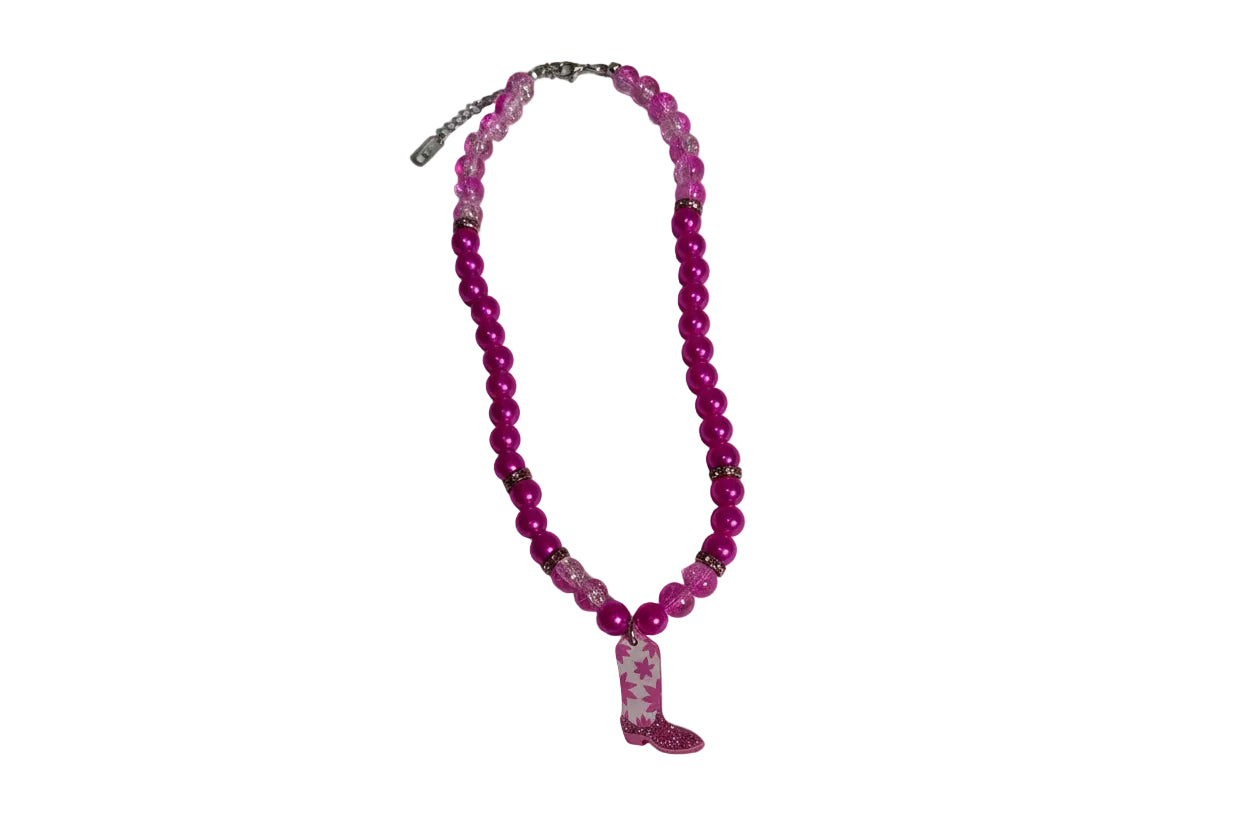 Girls Glass Beads Western Necklace Pink Beads Western Boot