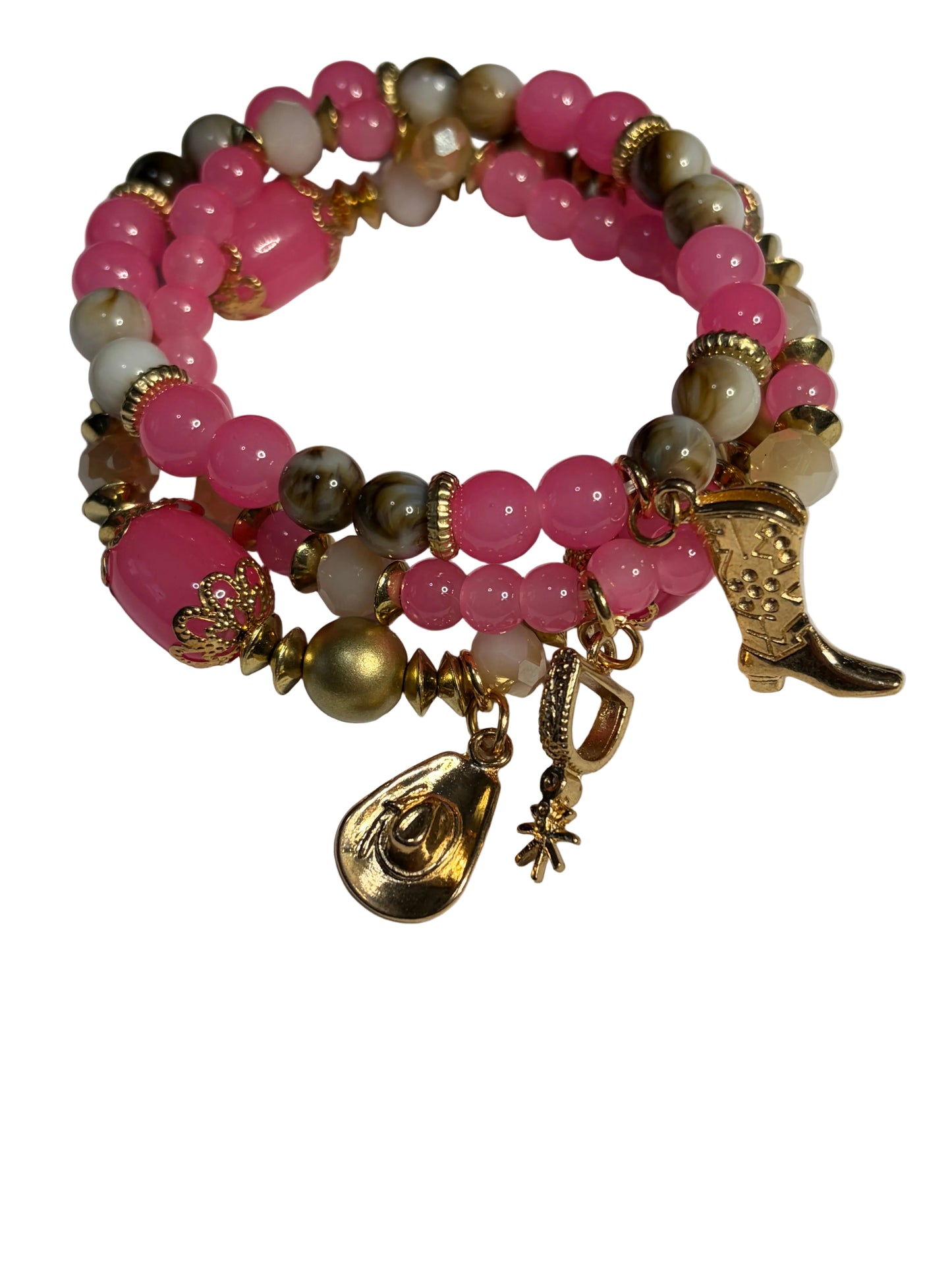 3 piece Stretch Beads Western Bracelet Set Pink Gold