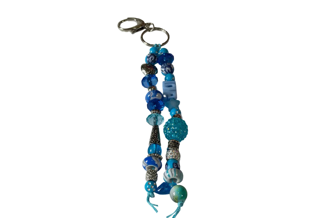 Assorted Blue Beads Silver Heart Silver Spacers Bag Charm Keychain