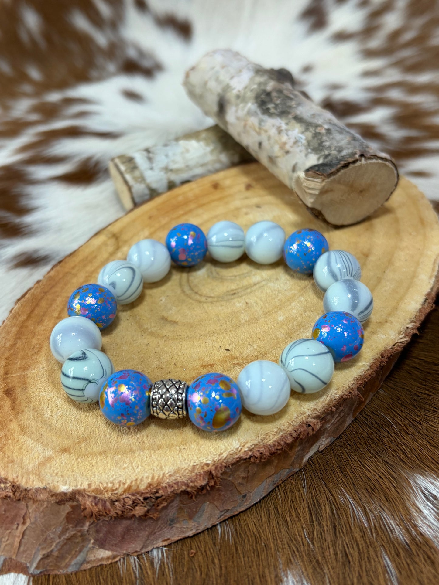 Medium Size Blue Gray Beads Stretch Bracelet