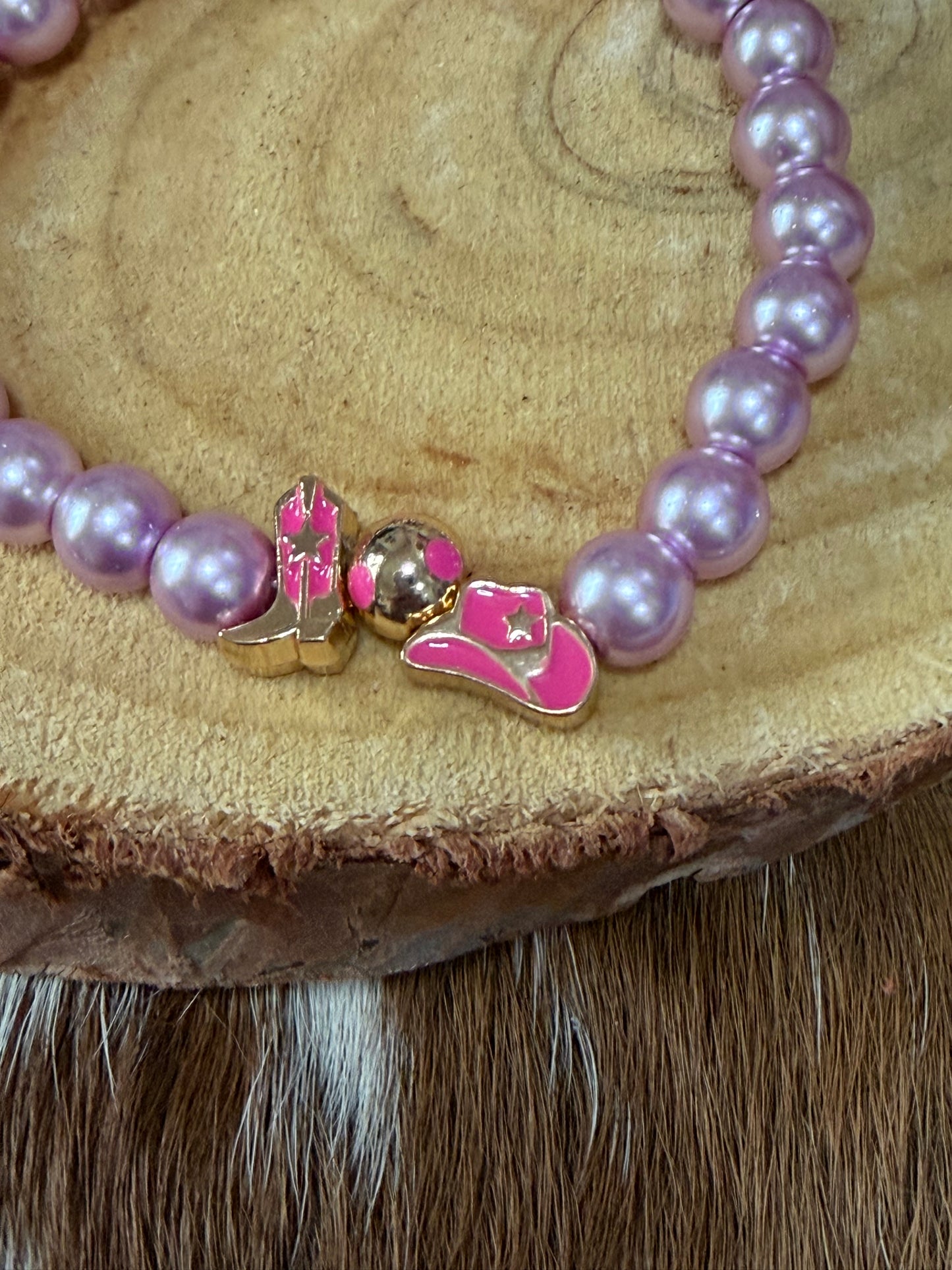 Pink Pearl Stretch Western Bracelet Cowgirl Hat Cowgirl Boot Charms