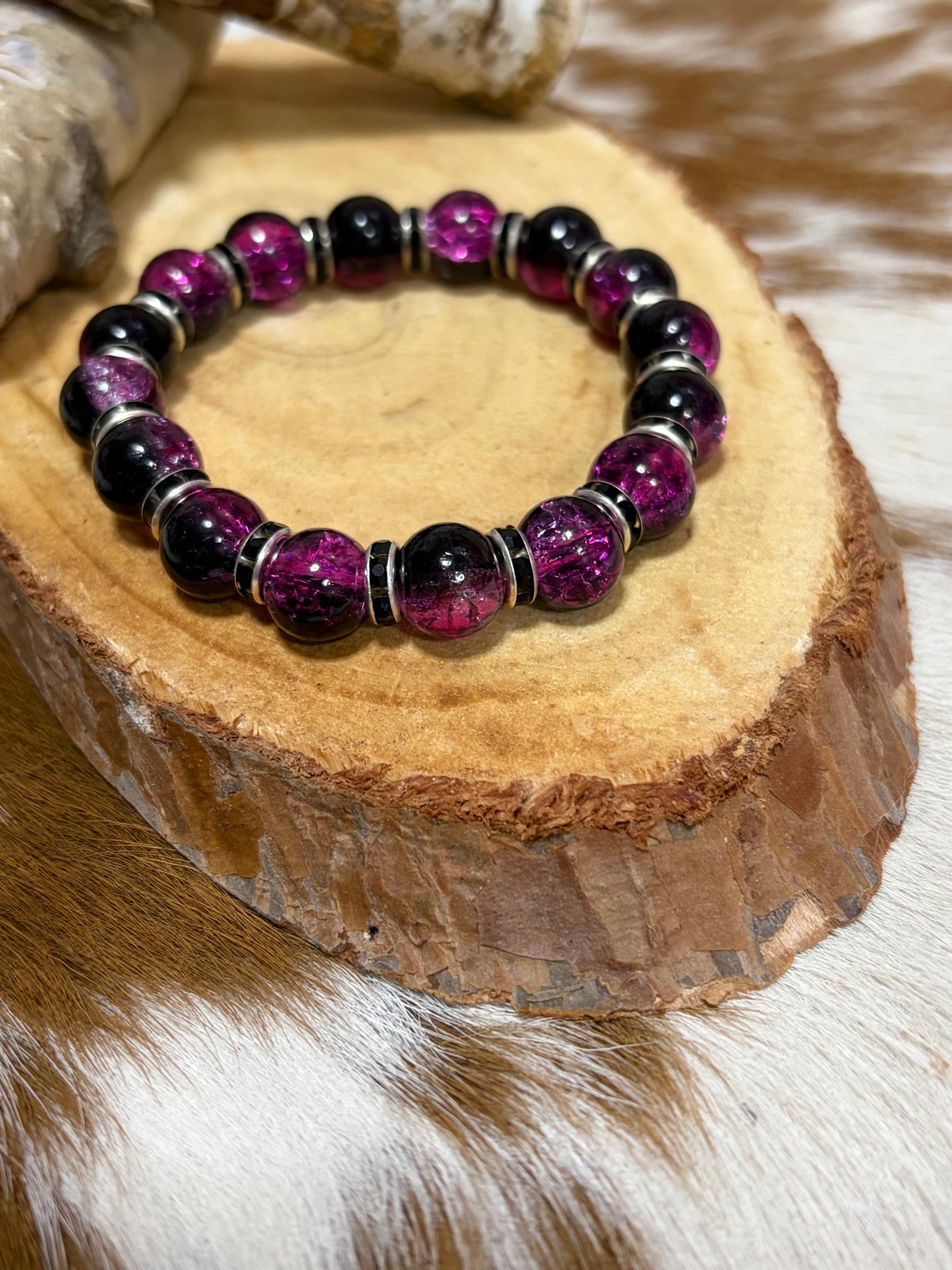 Purple Shades Glass Beads Black Rhinestone Spaces Stretch Bracelet