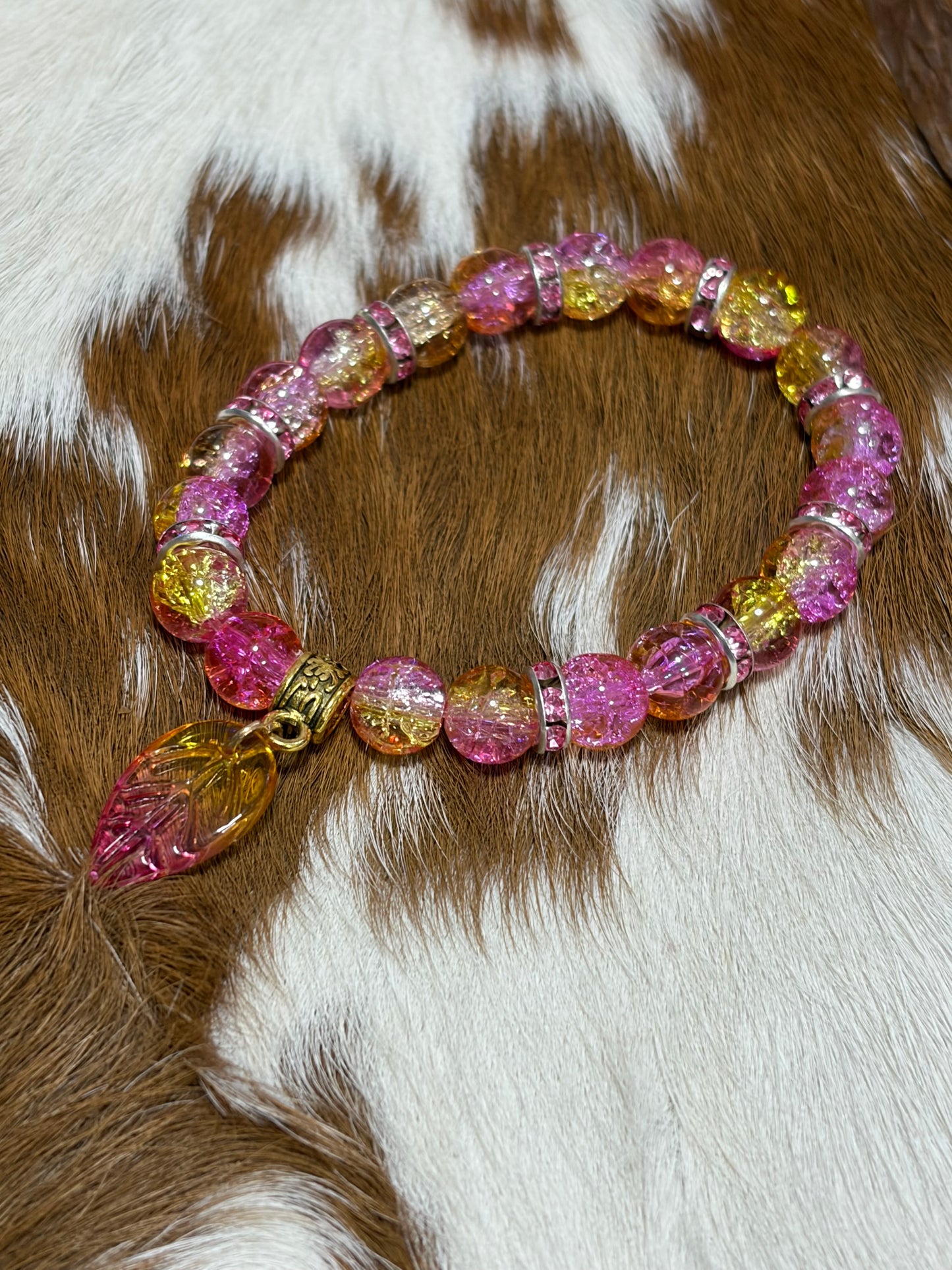 Yellow Pink Glass Beads Rhinestone Stretch Beaded Bracelet Leaf Charm