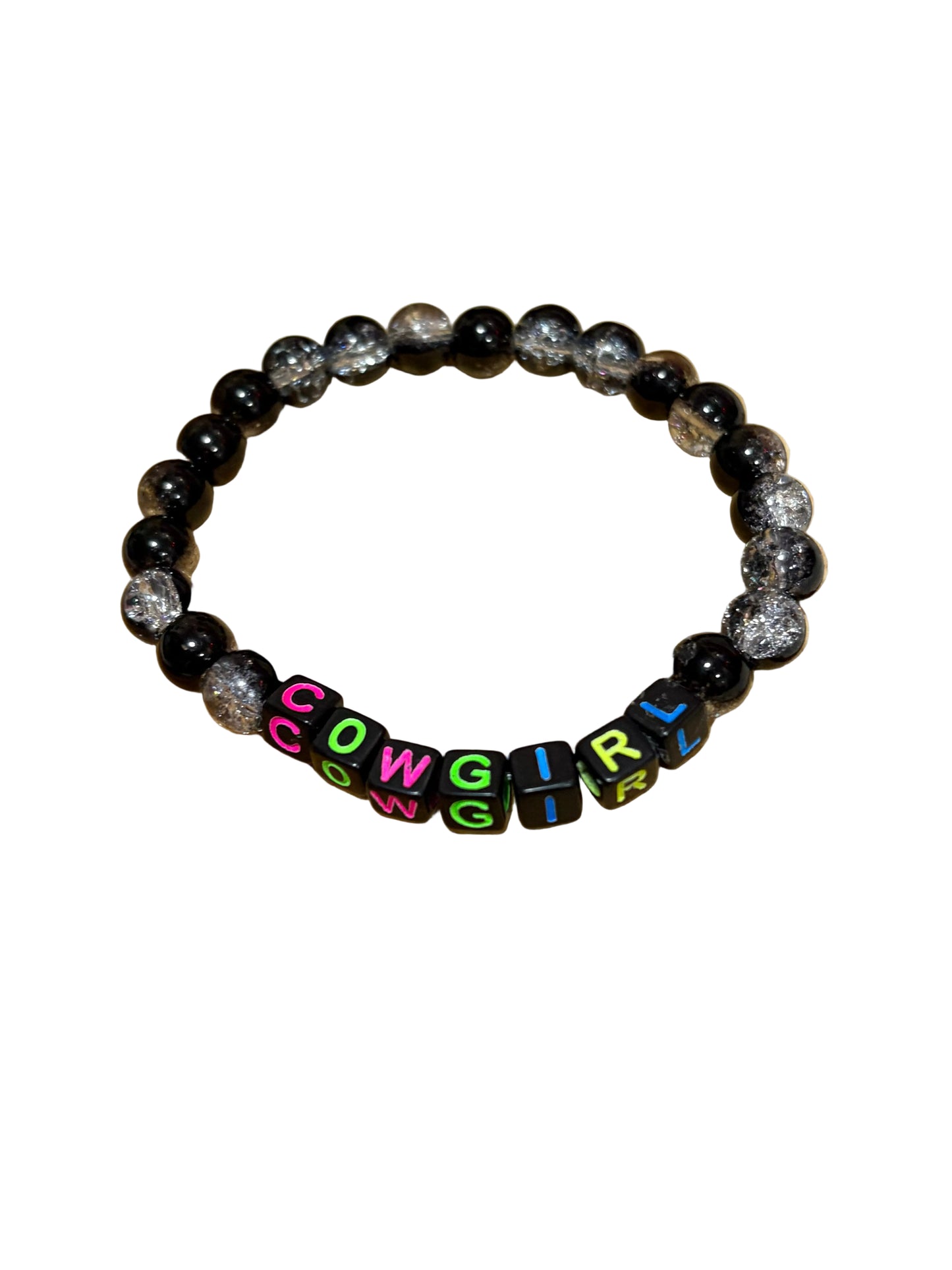 Black Silver Glass Stretch Beaded Bracelet Cowgirl Lettering