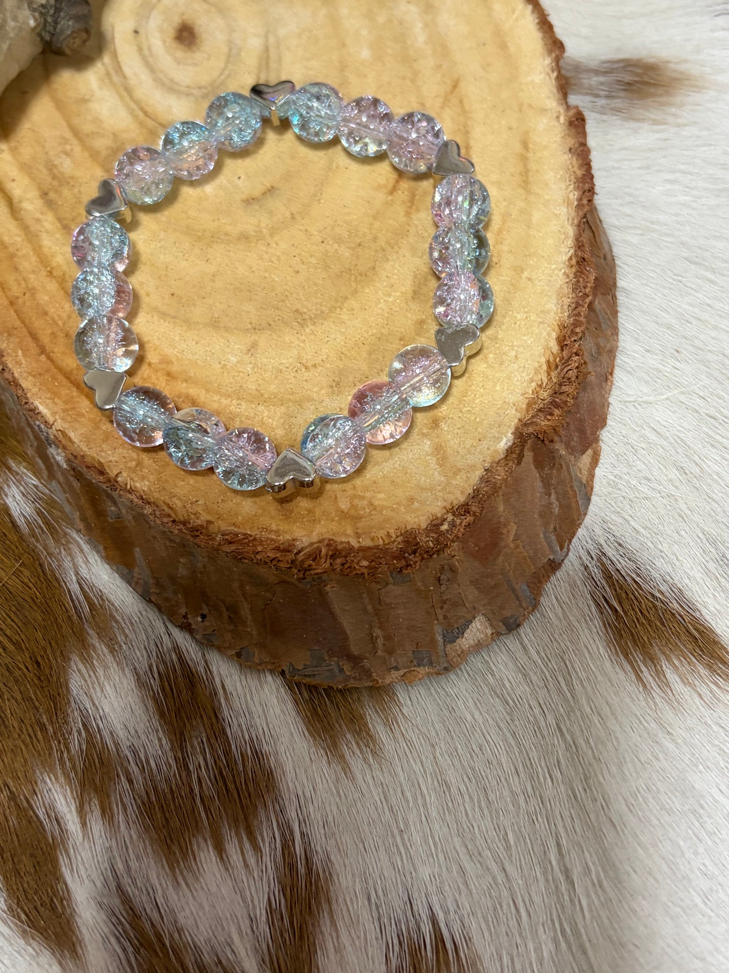 Glass Bead Stretch Beaded Bracelet Pastel Blue Purple Heart Charms