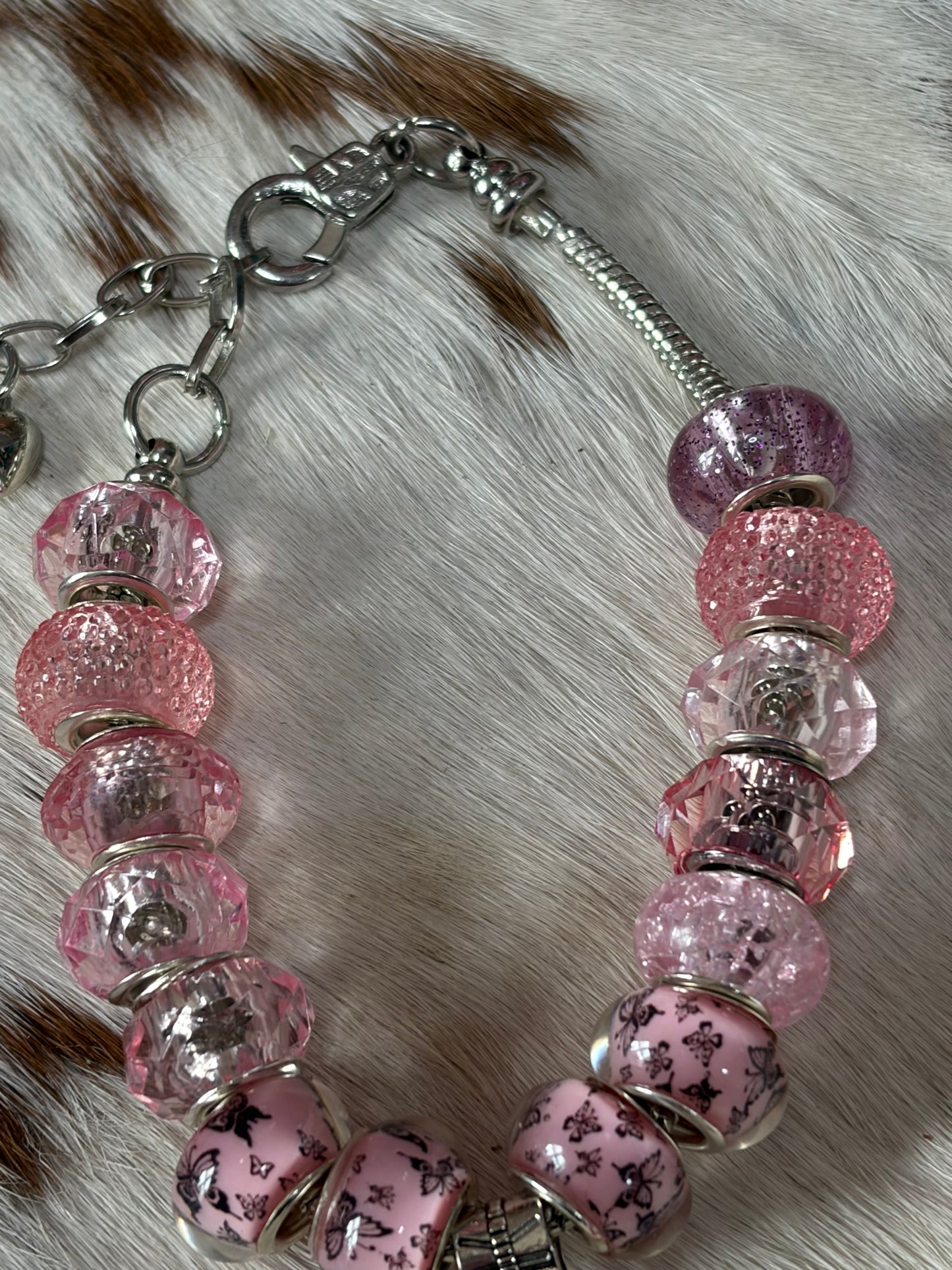 1pc Adjustable Snake Bone Chain Beaded Bracelet Unicorn Charm Pink Beads