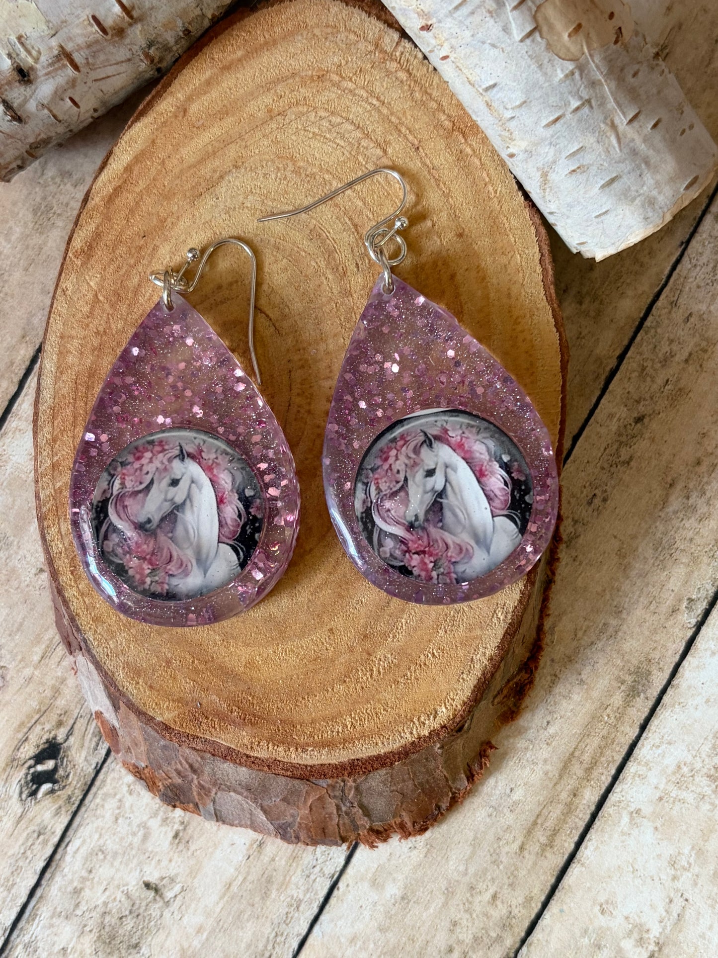 Resin Tear Drop Horse Earring Pink Glitter