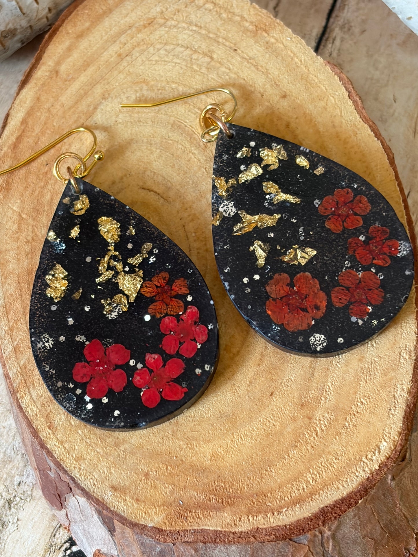 Teardrop Resin Earrings Gold Speckles Red Flowers