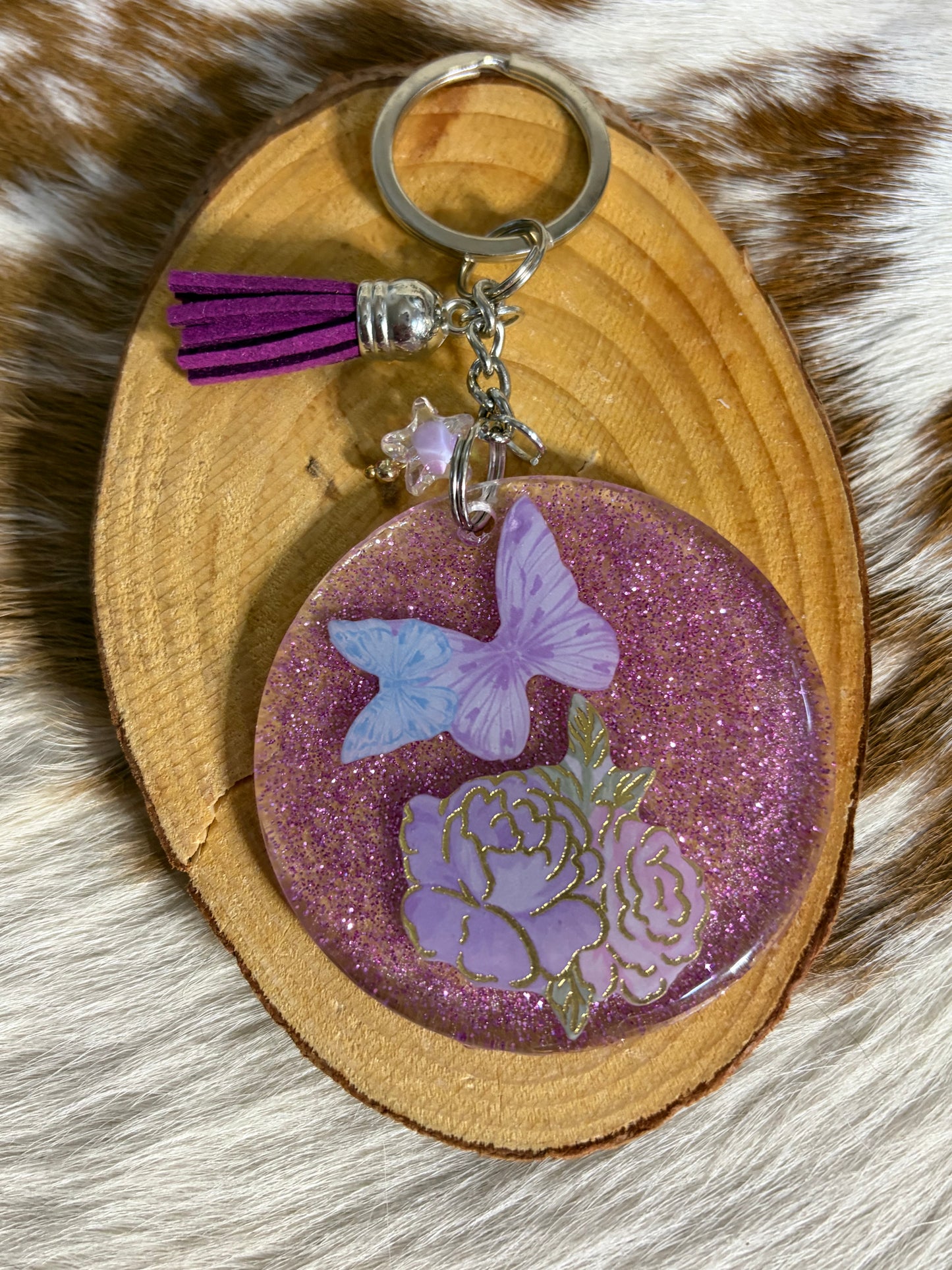 Resin Butterfly Flowers Purple Tassel Keychain Bag Charm Backpack