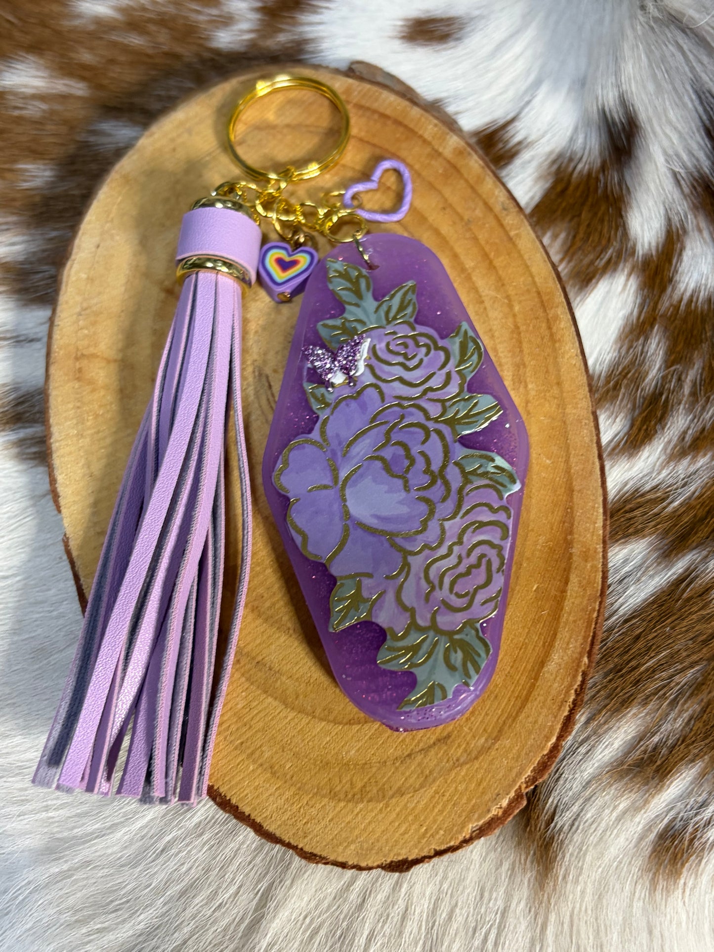 Resin Flower Bat Charm Key Chain Violet Color Tassel Butterfly Glitter Backpack