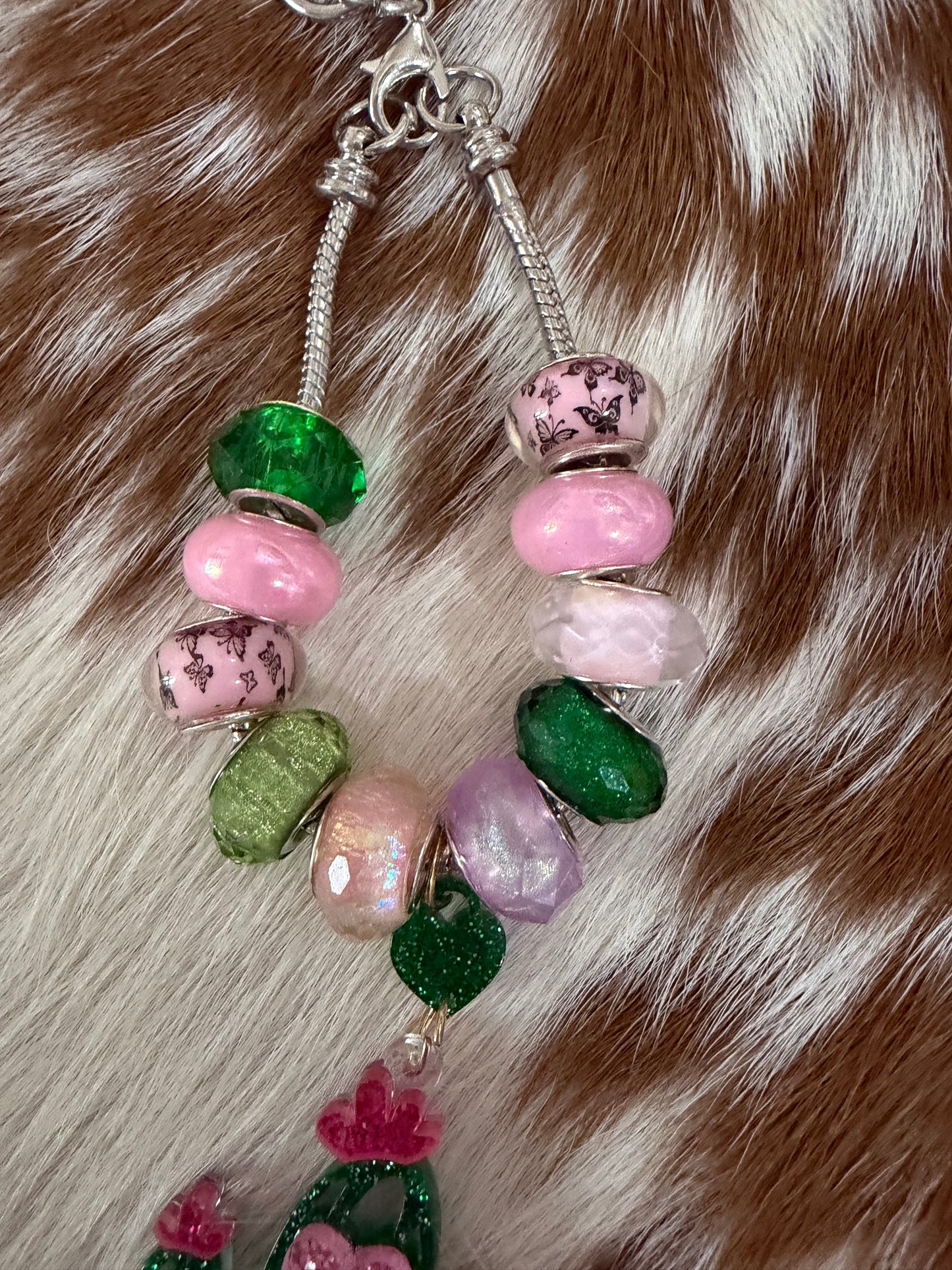 Cactus Bag Charm Keychain Purse Charm Green Pinks Dangle