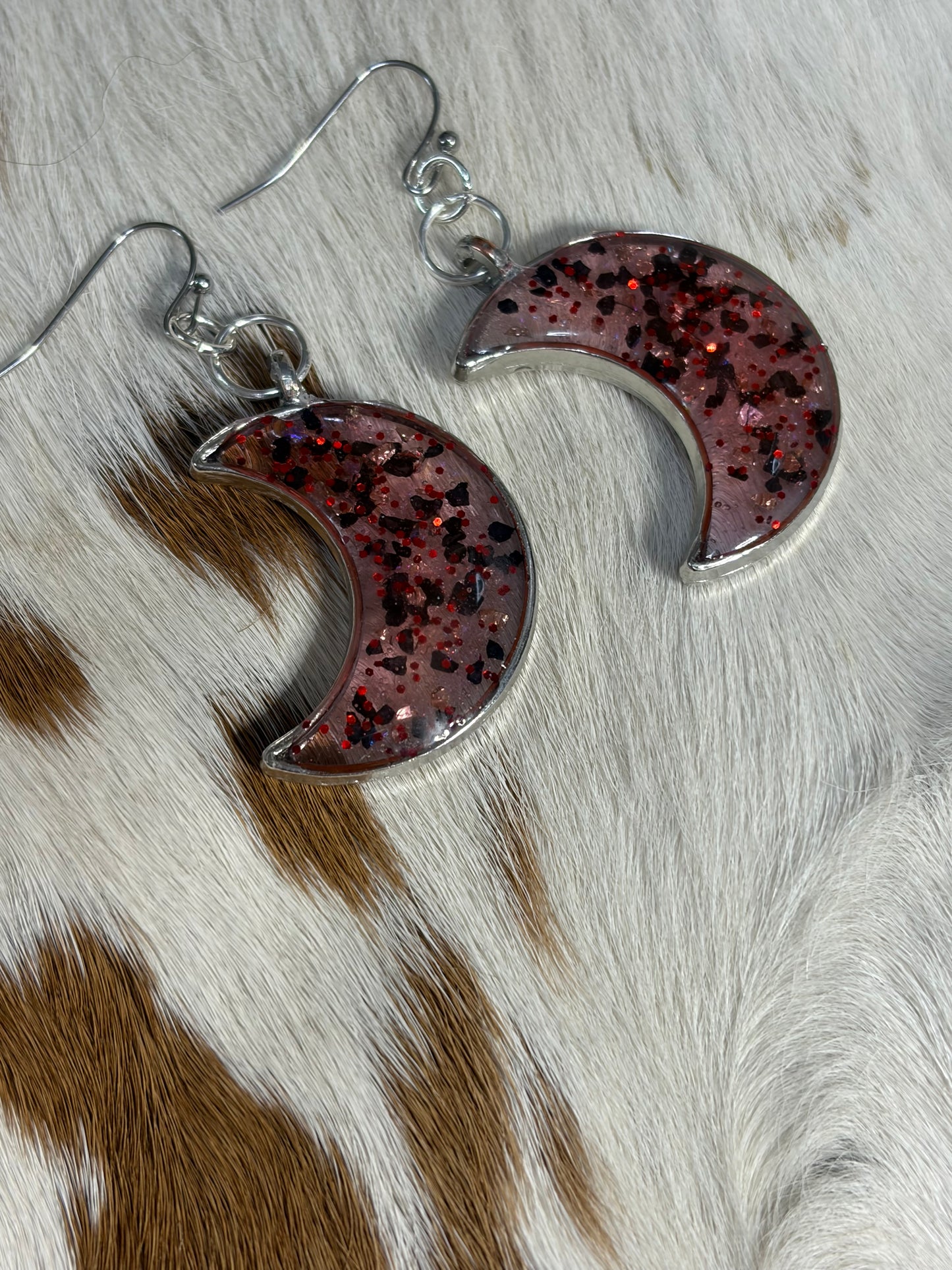 Resin Red Glitter Half Moon Earrings
