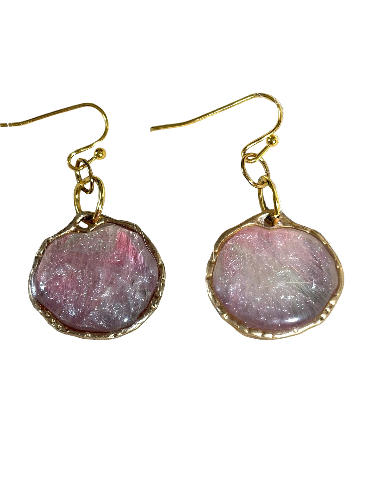 Round Gold Trim Resin Earrings Faint Glitter Pink