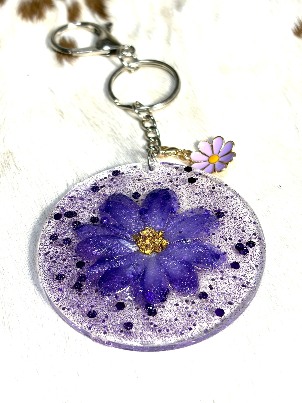 Round Resin Acrylic Purple Flower Glitter Flower Charm Bag Charm Purse Charm Backpack Charm