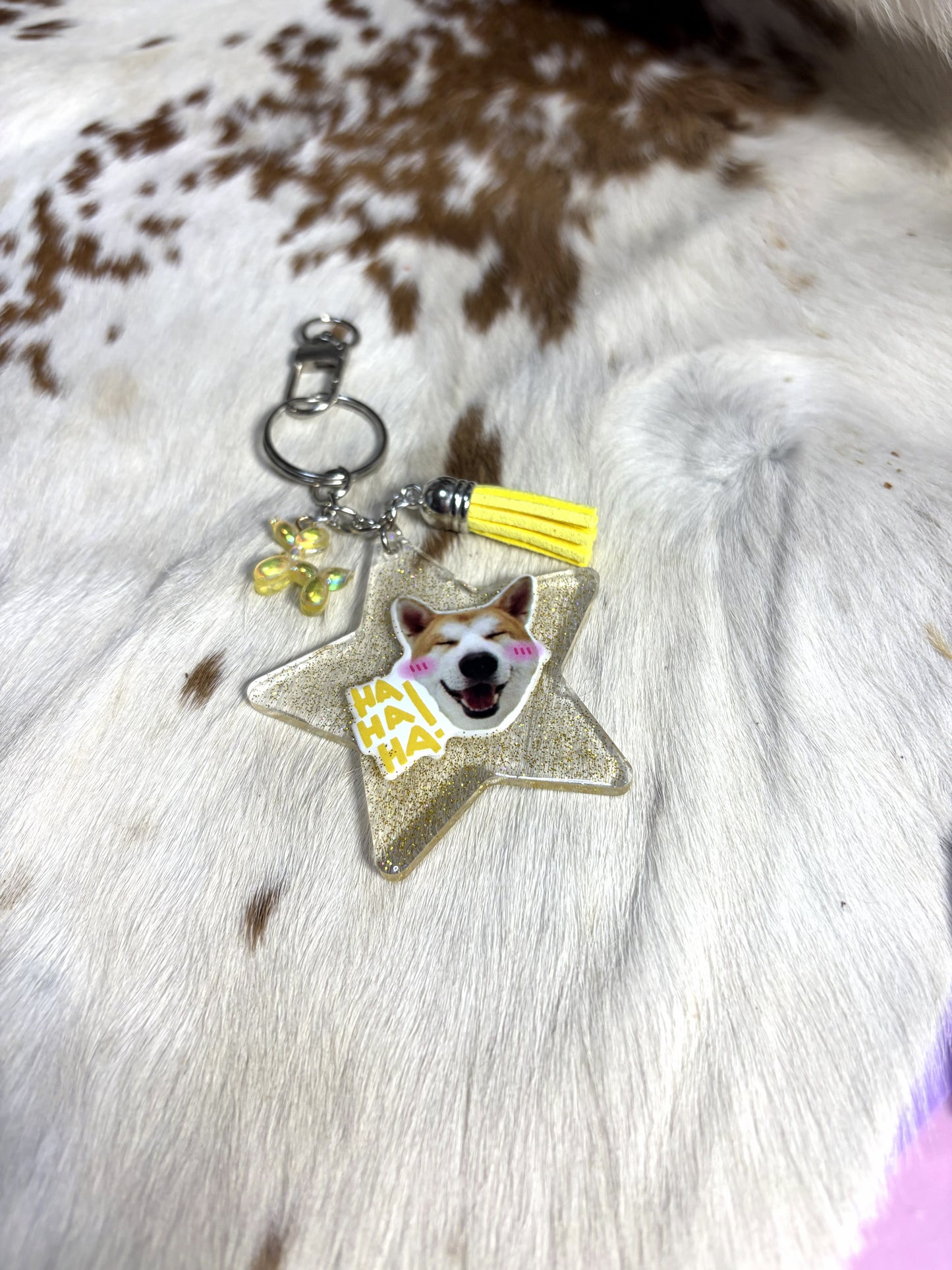 Resin Star Bag Charm Backpack Keychain Dog Theme HA HA HA Baloon Dog Charm Yellow