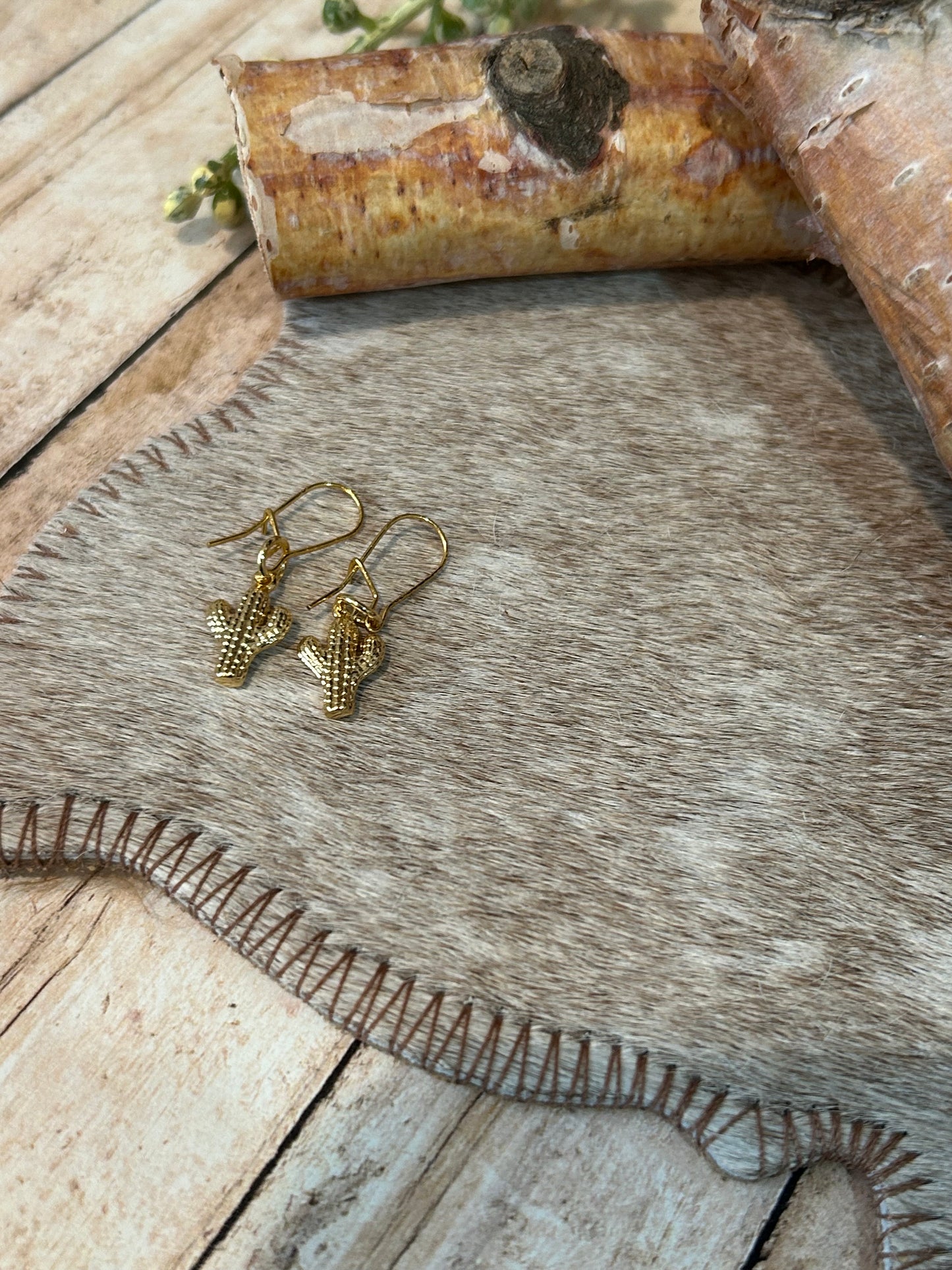 Western Little Gold Cactus Dangle Earrings