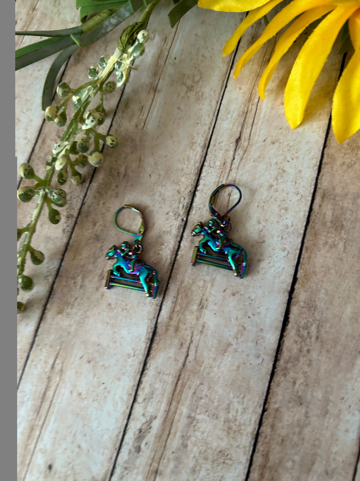 English Horse Jumping Metallic Earrings