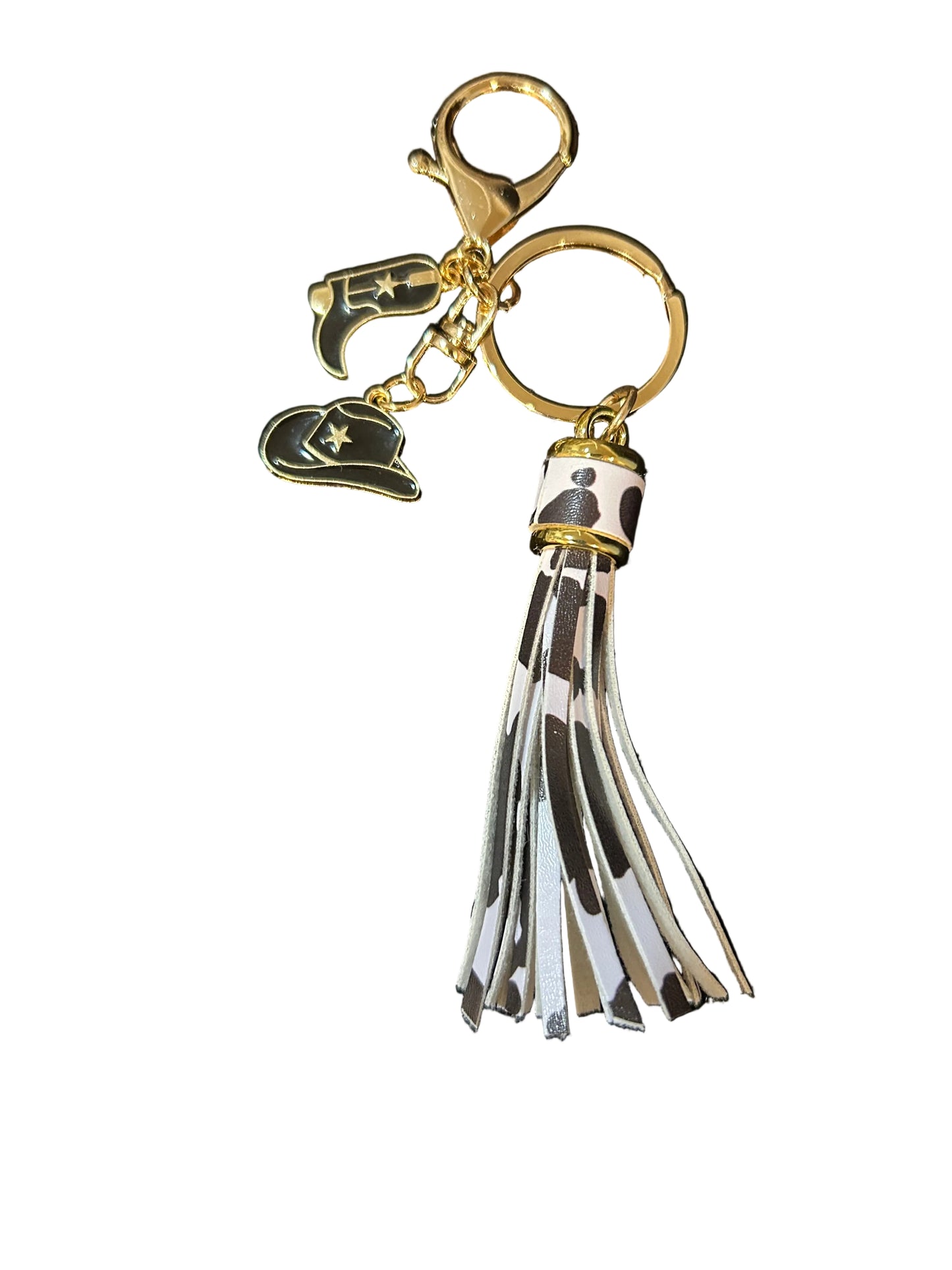 Western Gold Steer Head Cowboy Hat Boots Keychain Bag Charm Cowhide Tassels