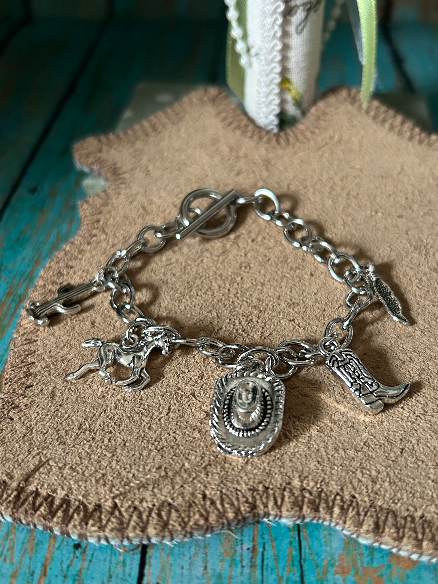Country Western Charm Bracelet Horse Boot Cactus