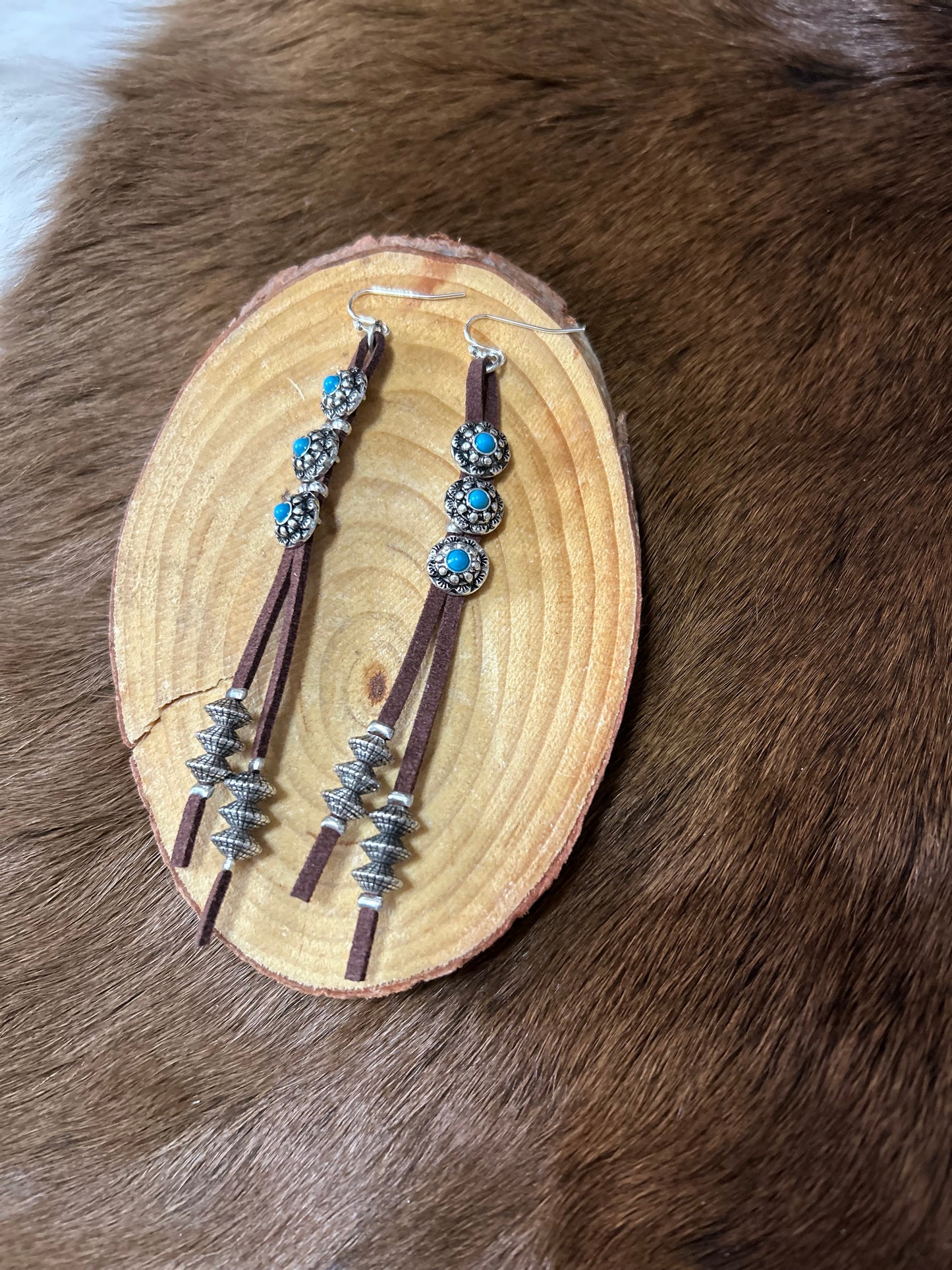 Western leather & Concho's Beeds Long Dangle Earrings