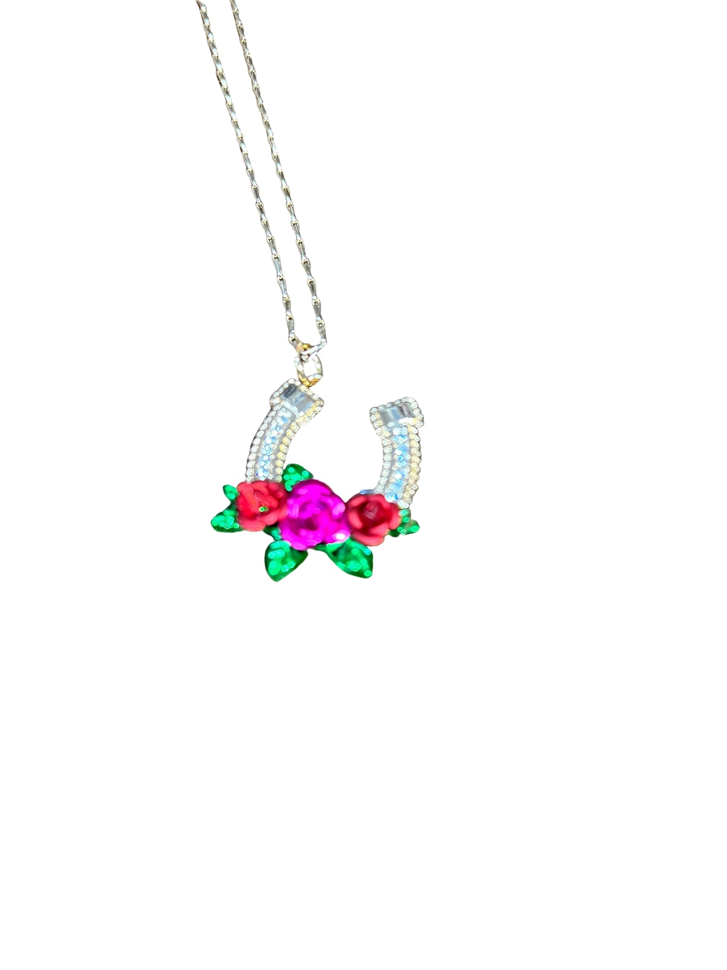 Western Horseshoe Rhinestones and Red Roses Necklace