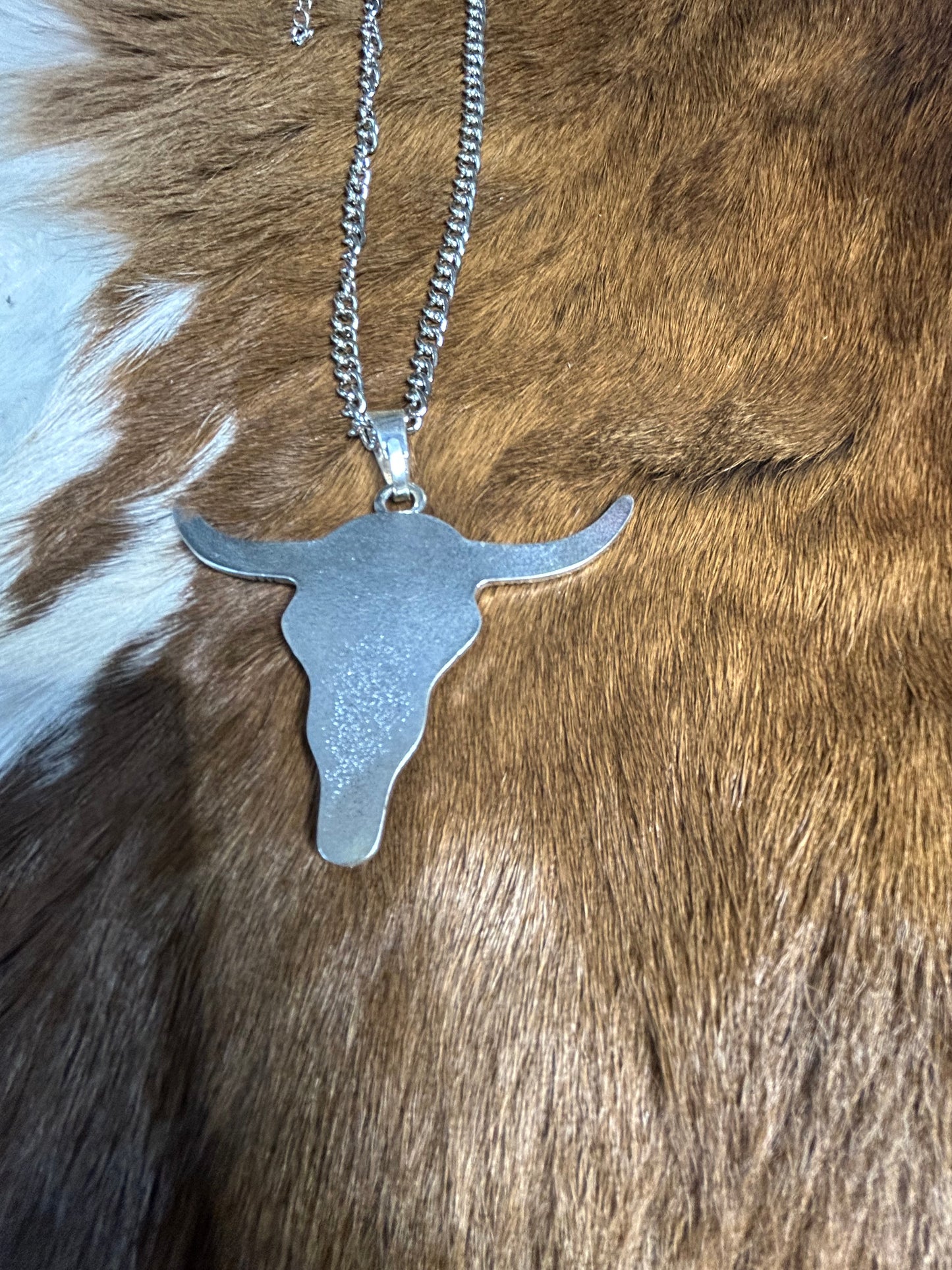 Western Steer Head Silver Necklace with Turquoise Stone
