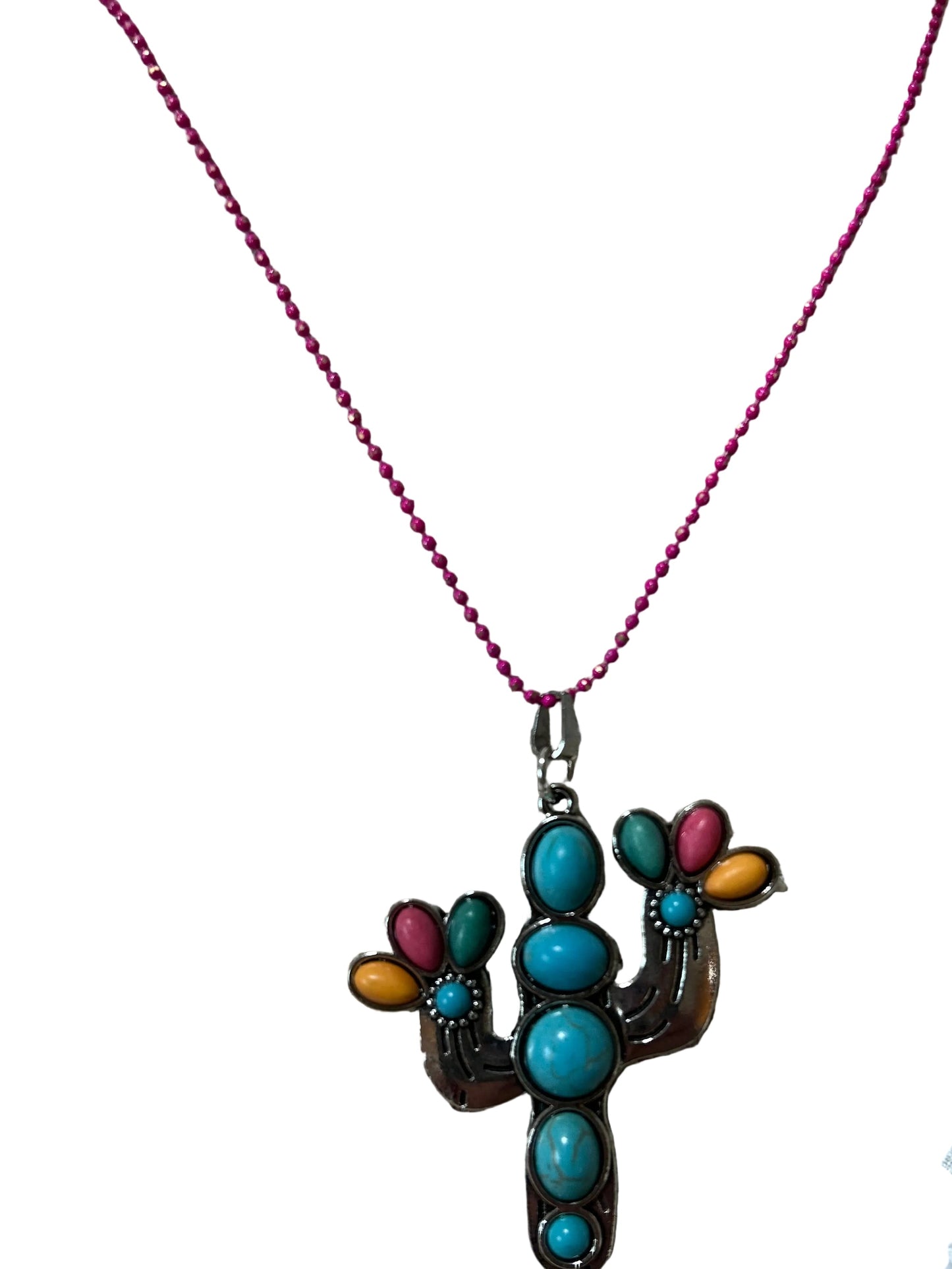 Western Cactus Necklace Colorful Gems Turquoise Pink Yellow Green