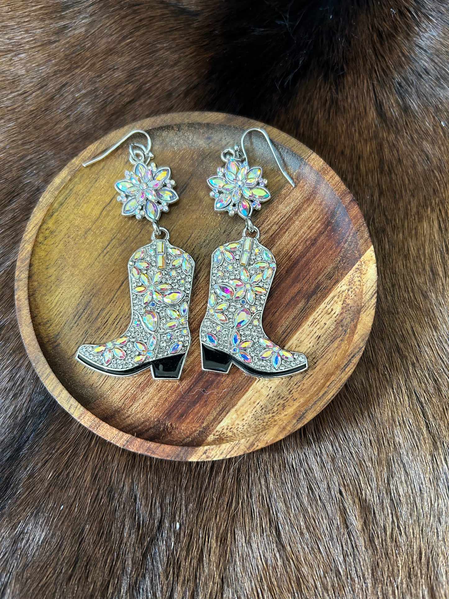 Western Rhinestones Cowgirl Boot Rosette Earrings