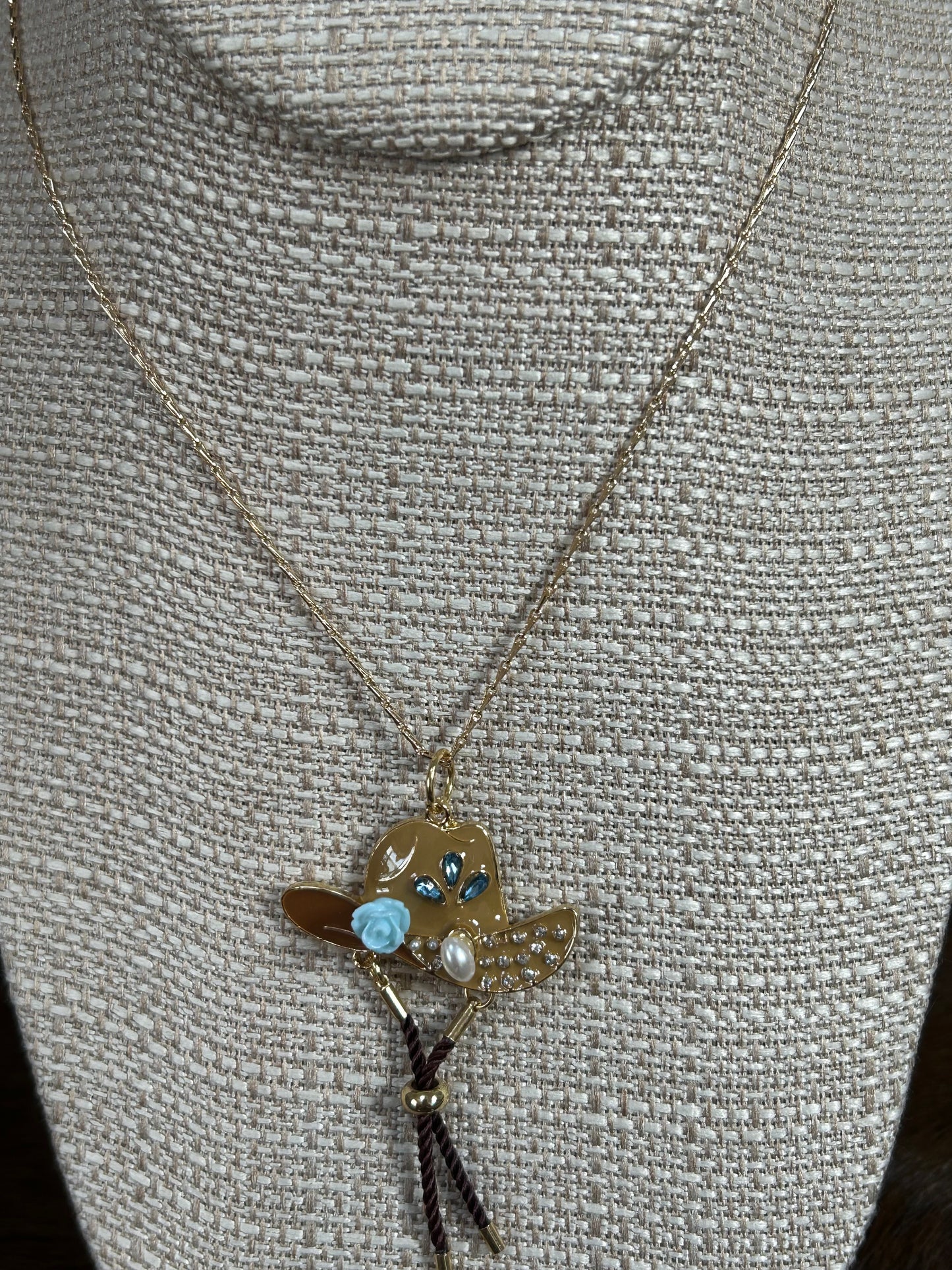 Western Cowgirl Gold Necklace with Cowgirl Hat Charm