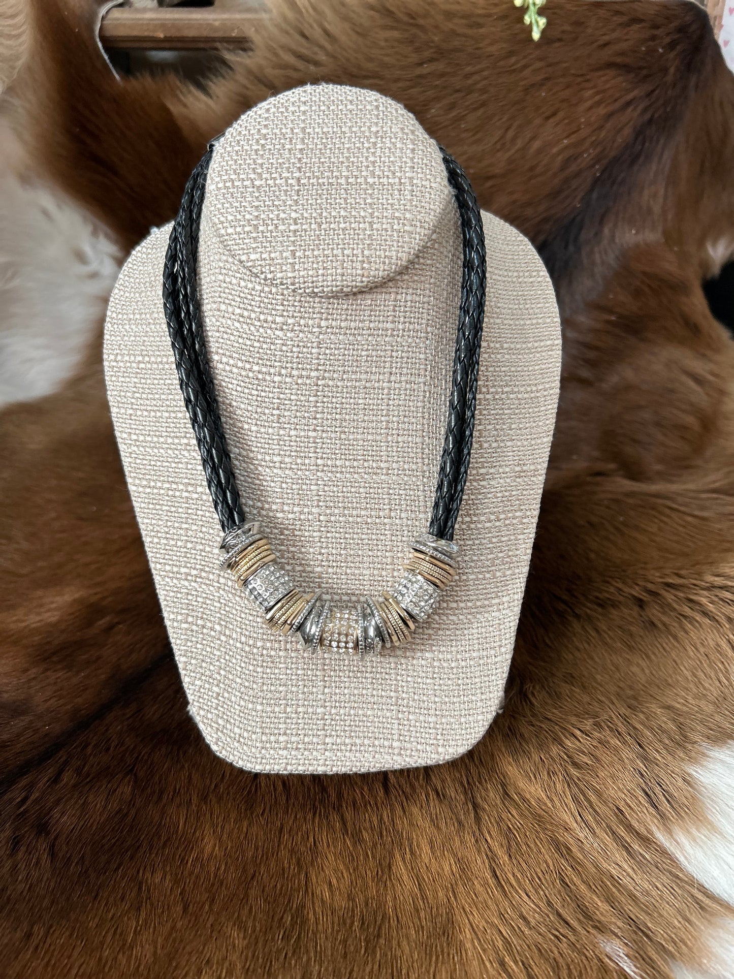 5 Strand Twisted Leather Necklace Metal Rhinestones