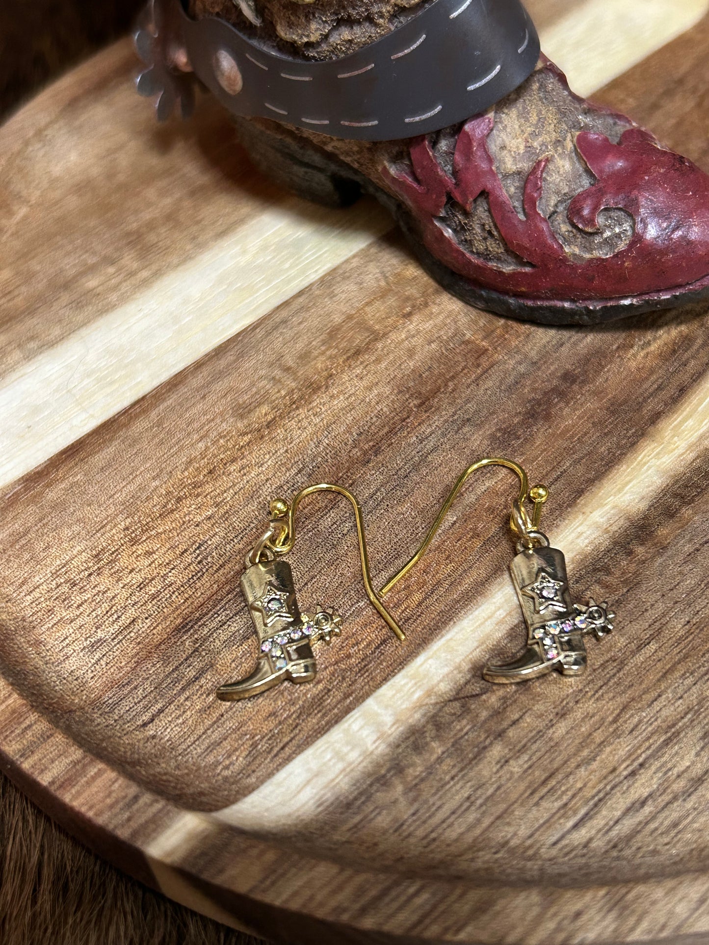 Western Gold Rhinestones Cowboy Boot Spur Dangle Earrings