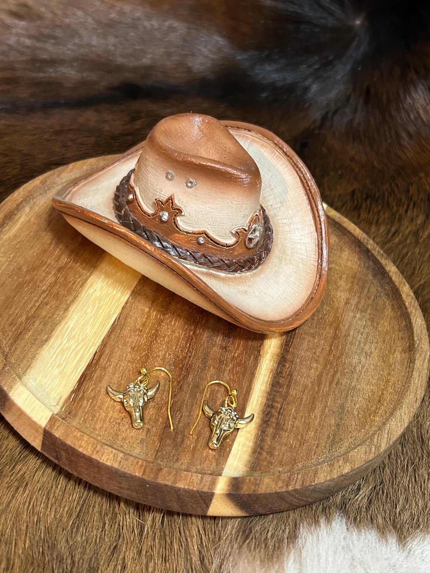 Western Steer Head Dangle Earrings Gold Rhinestones