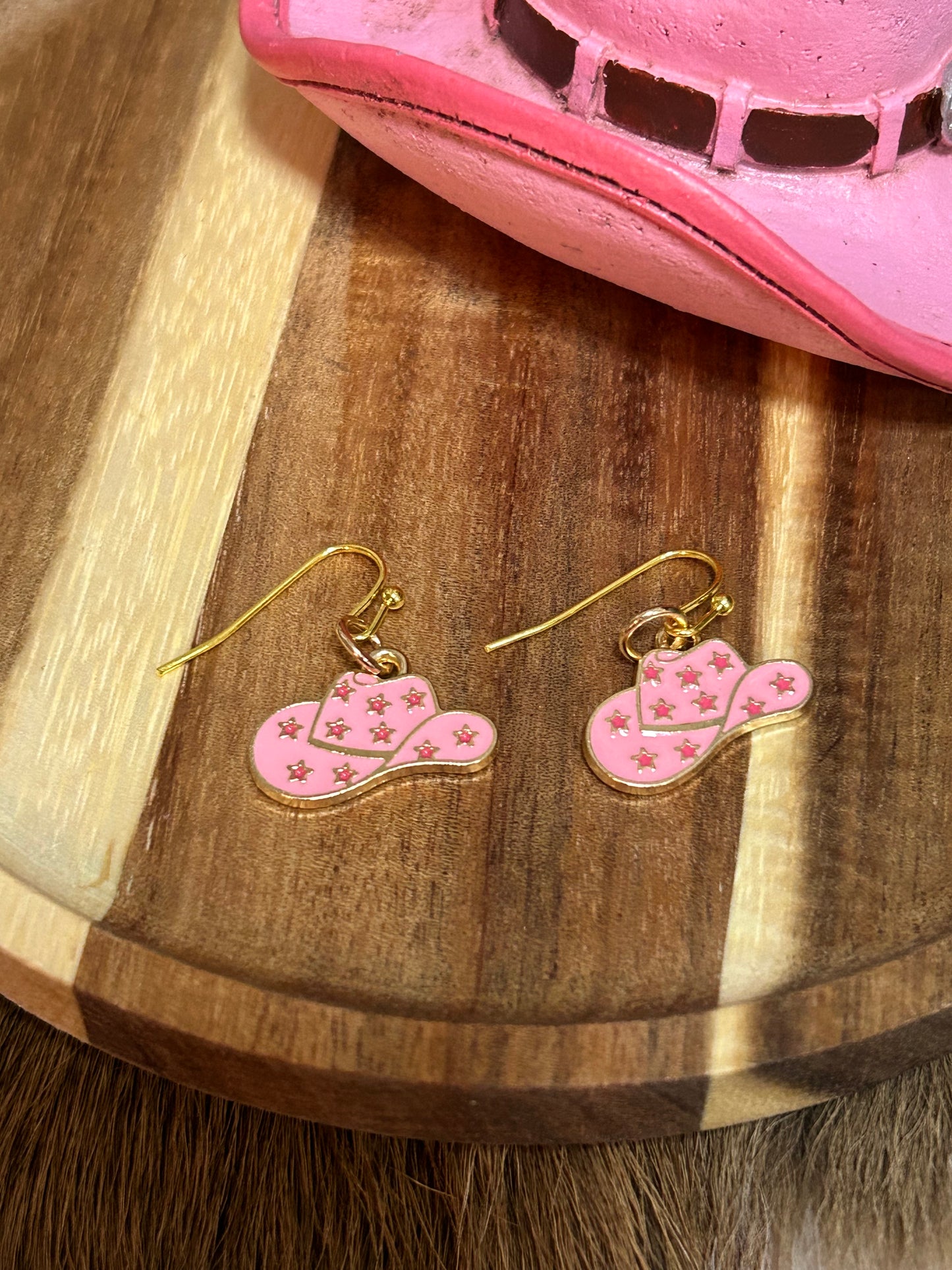 Western Cowgirl Hat Pink Red Stars Earrings Dangle