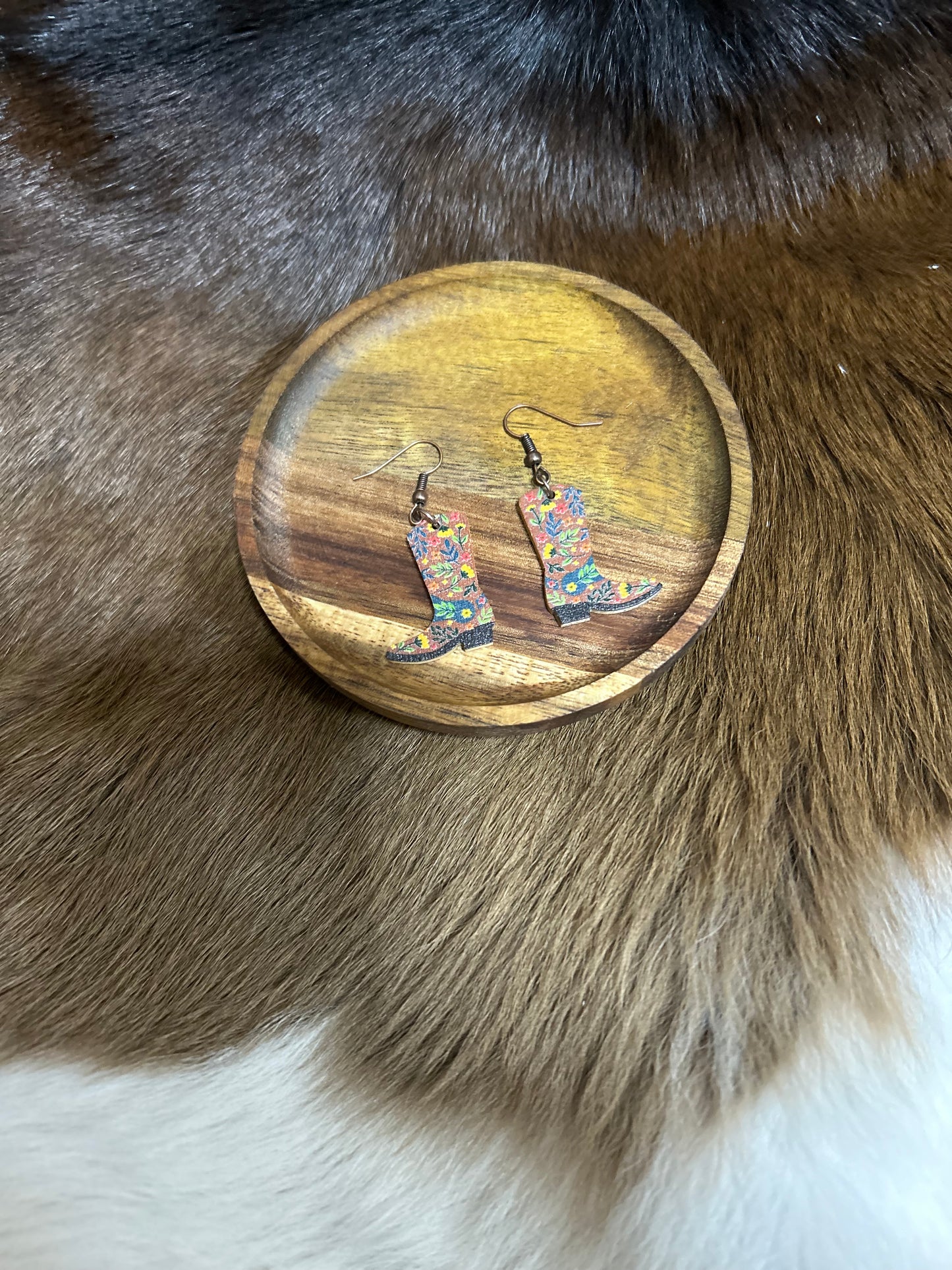 Western Floral Cowboy Boot Wood Earrings Cowgirls Dangle