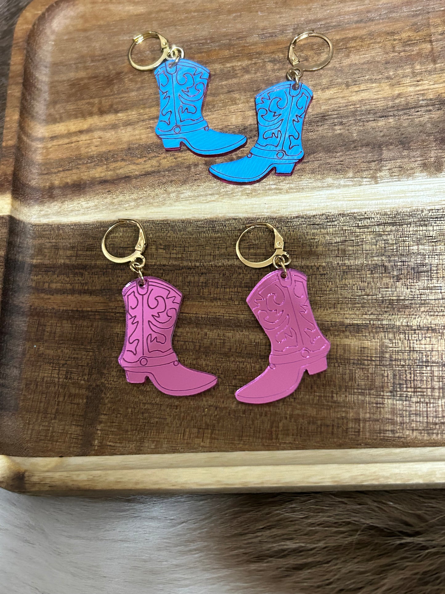 Cowgirls Reversible Boot Earrings Flouresient Blue Pink