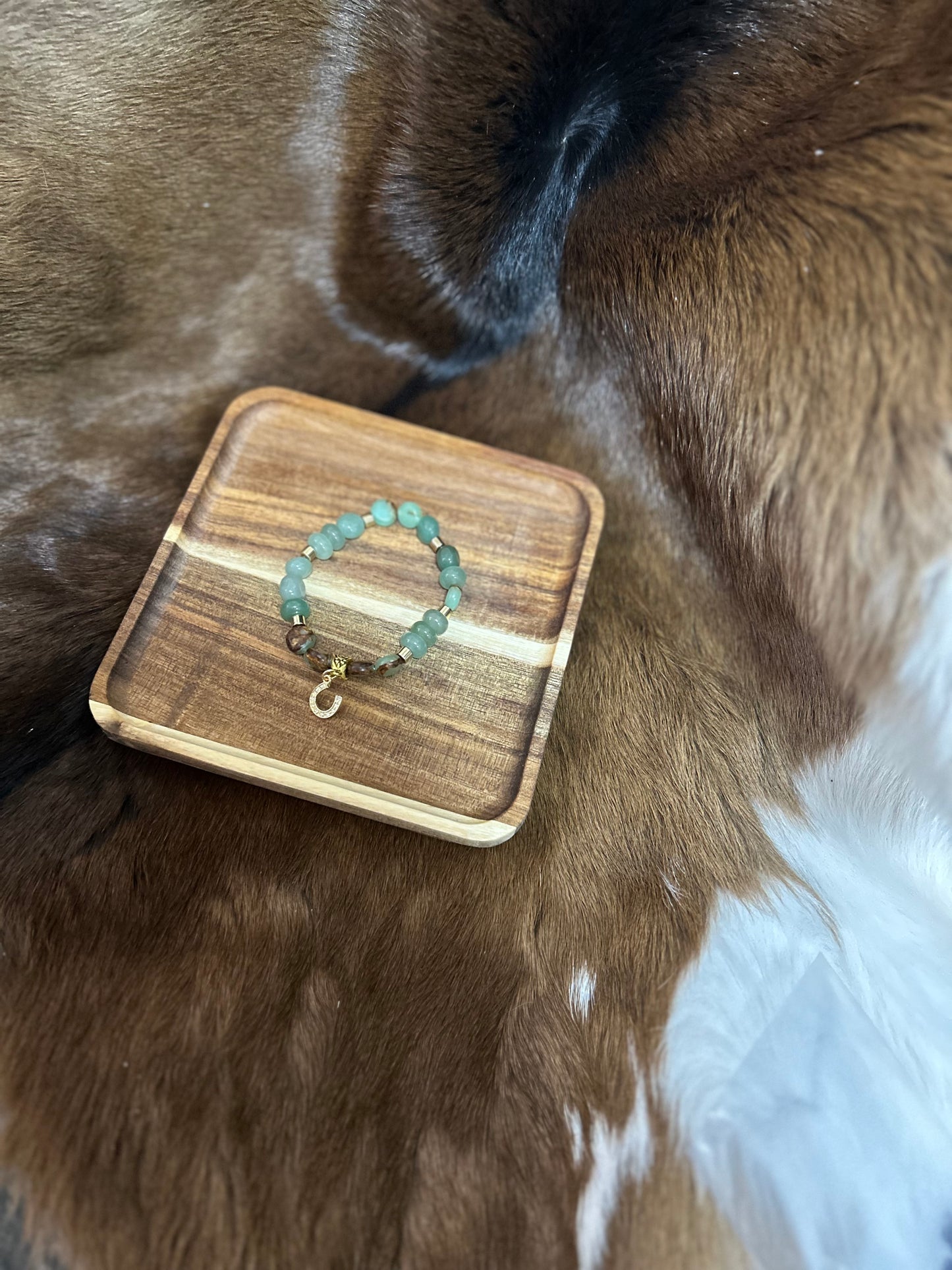 Western Stretch Bracelet Rhinestone Horseshoe Soft Green Gold Beads Cowgirls