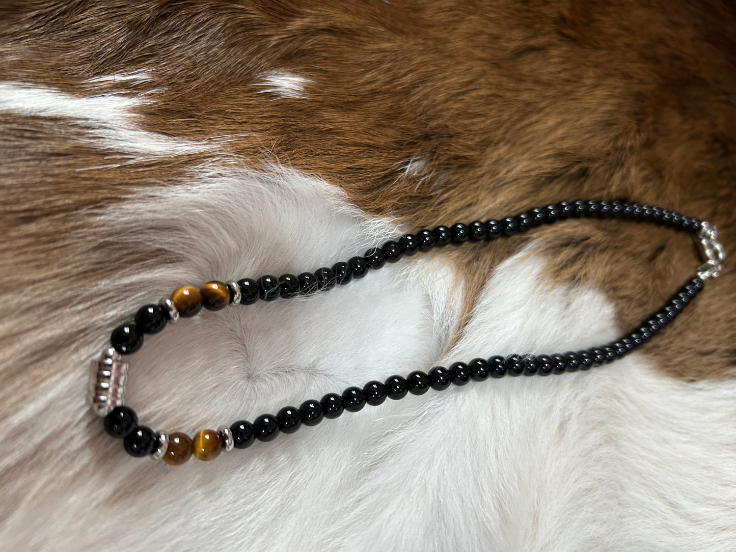 Black Agate Crystal Bead Men Necklace in Stainless Steel